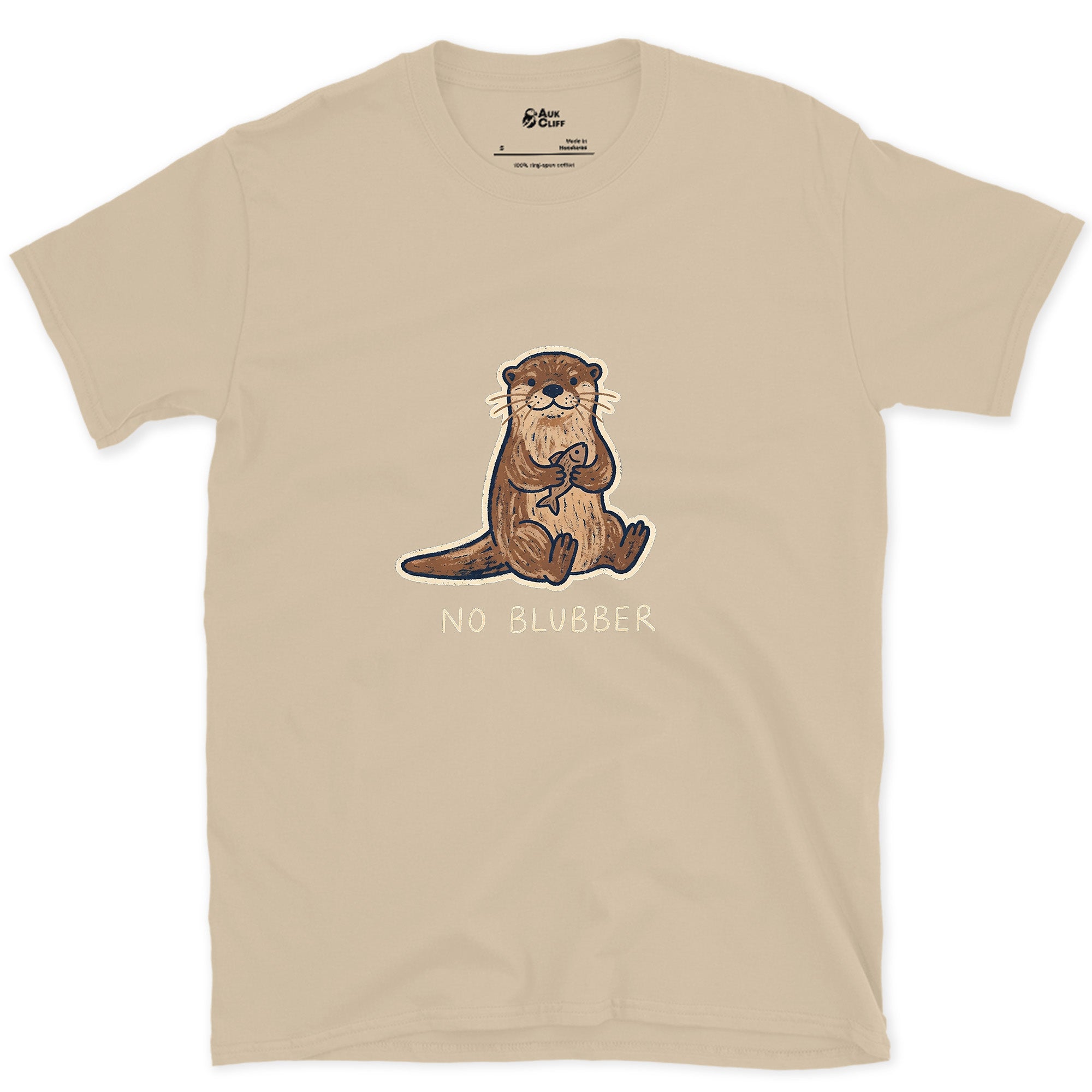 No Blubber, Otter Holding a Fish design on a Sand Gildan Softstyle t-shirt