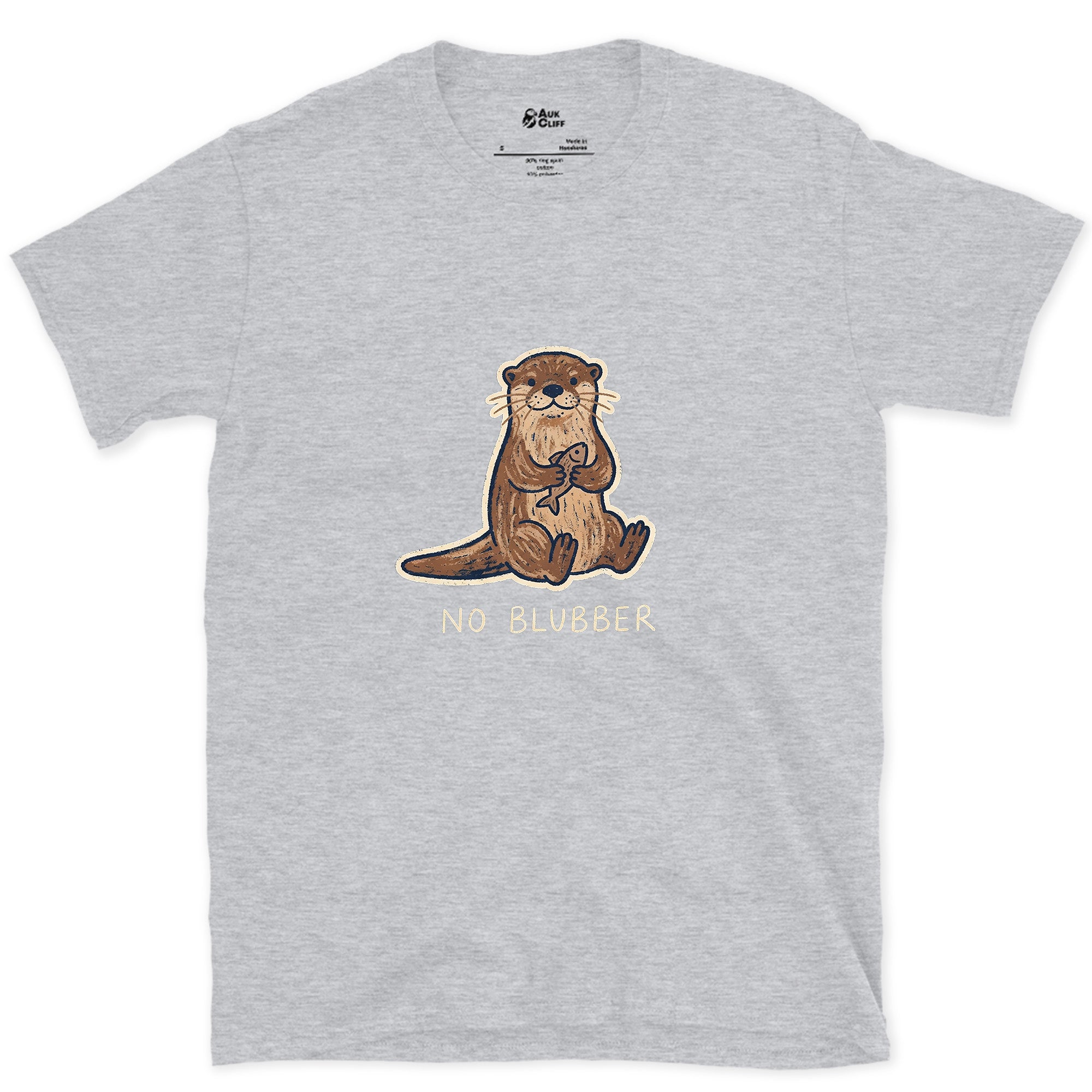 No Blubber, Otter Holding a Fish design on a Sport Grey Gildan Softstyle t-shirt