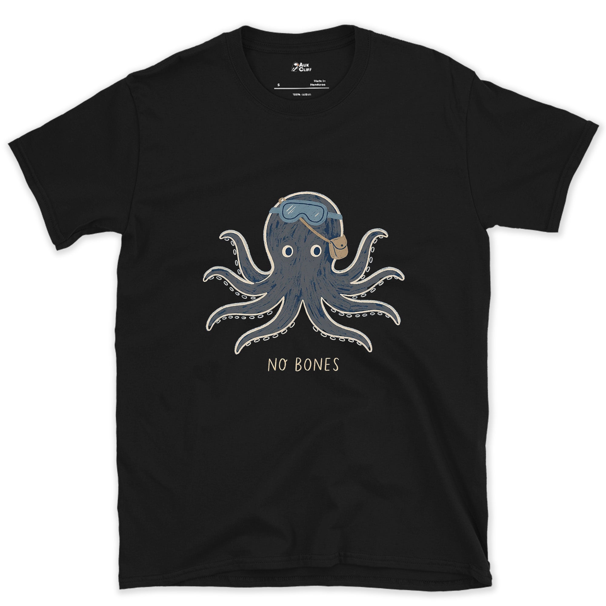 No Bones, Octopus in Dive Goggles design on a Black Gildan Softstyle t-shirt