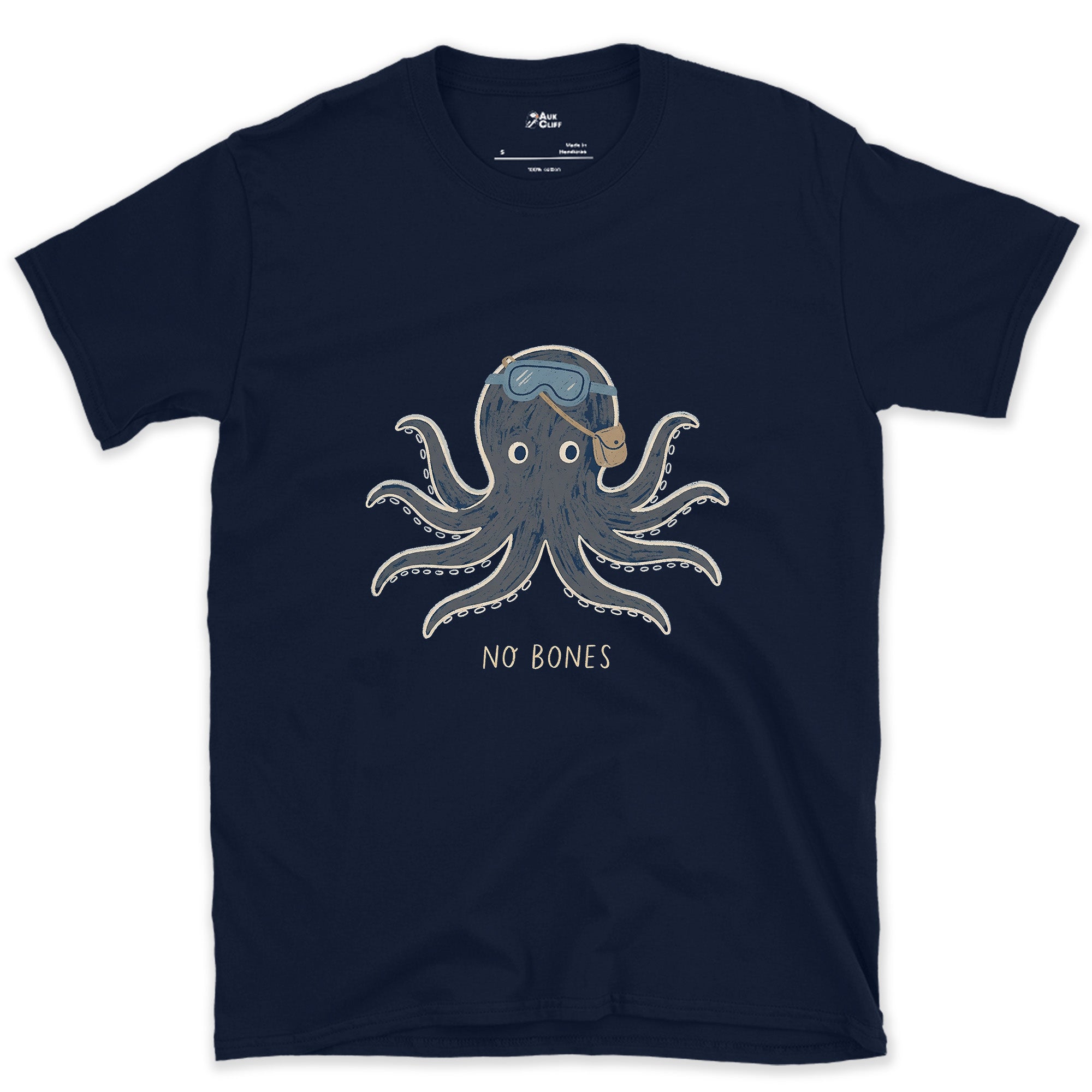 No Bones, Octopus in Dive Goggles design on a Navy Gildan Softstyle t-shirt