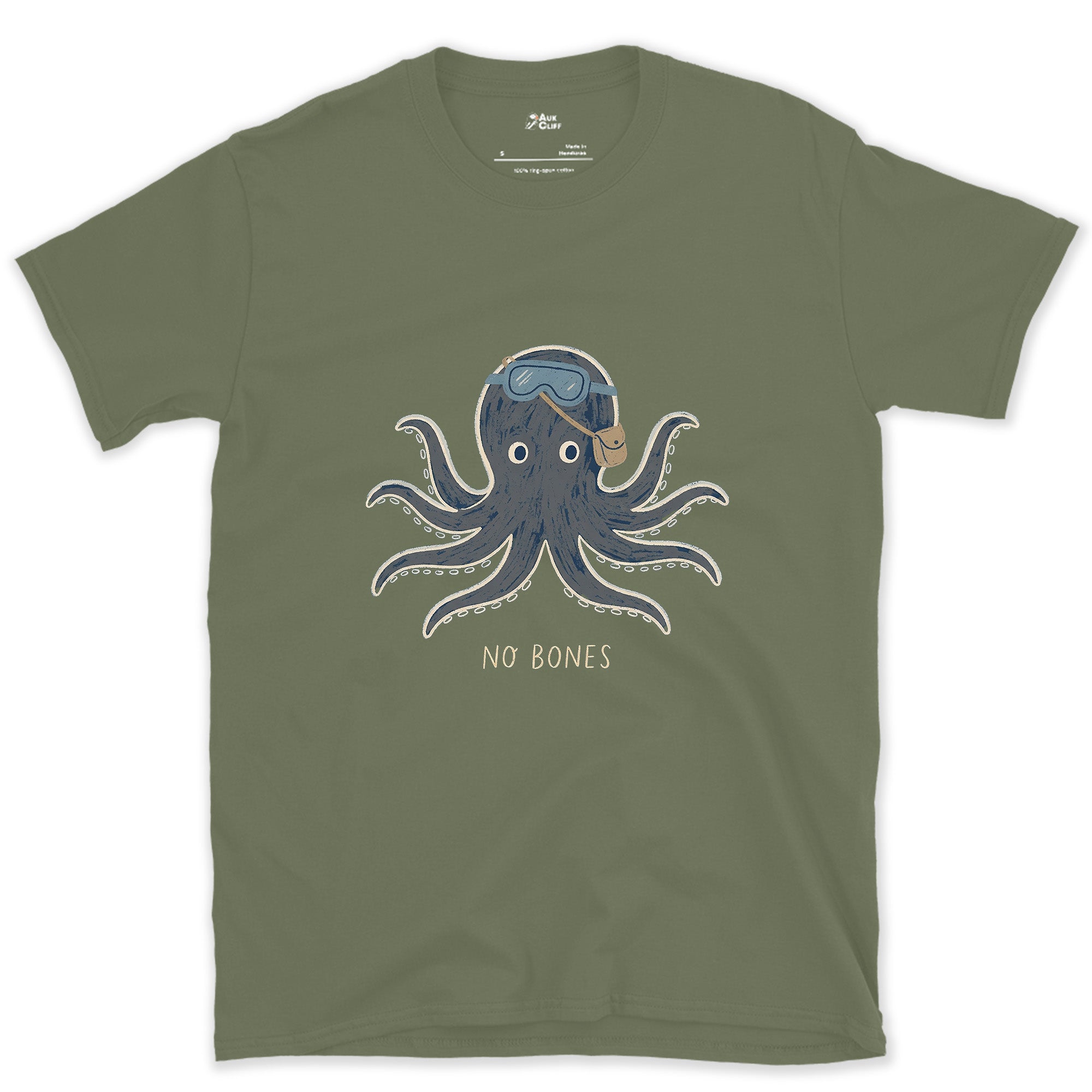 No Bones, Octopus in Dive Goggles design on a Military Green Gildan Softstyle t-shirt