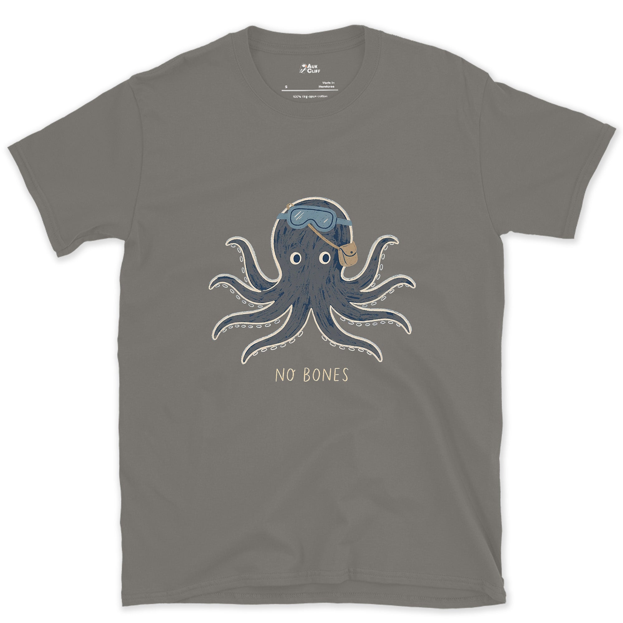 No Bones, Octopus in Dive Goggles design on a Charcoal Gildan Softstyle t-shirt