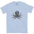No Bones, Octopus in Dive Goggles design on a Light Blue Gildan Softstyle t-shirt