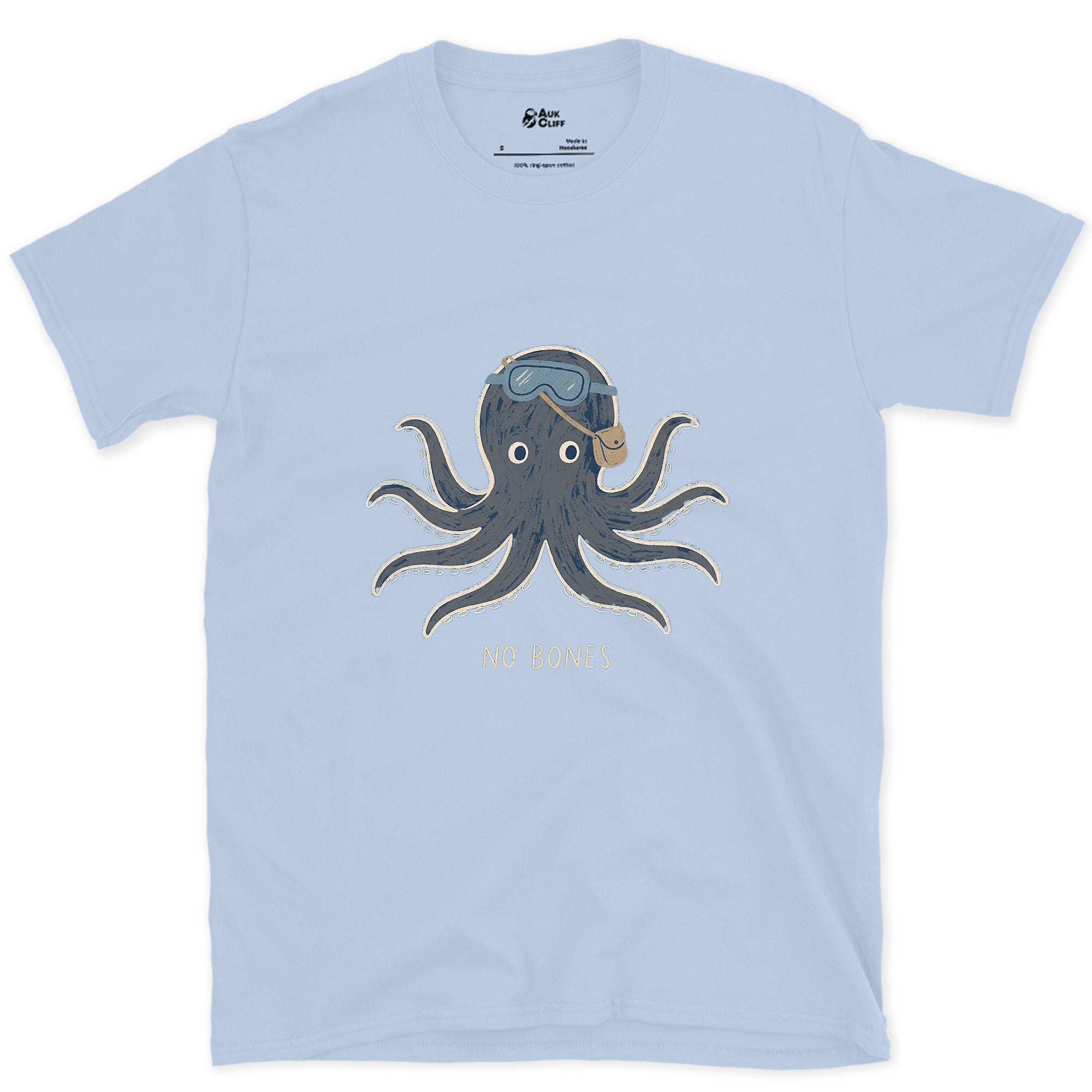 No Bones, Octopus in Dive Goggles design on a Light Blue Gildan Softstyle t-shirt