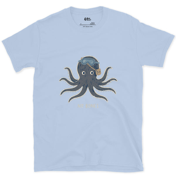 No Bones, Octopus in Dive Goggles design on a Light Blue Gildan Softstyle t-shirt