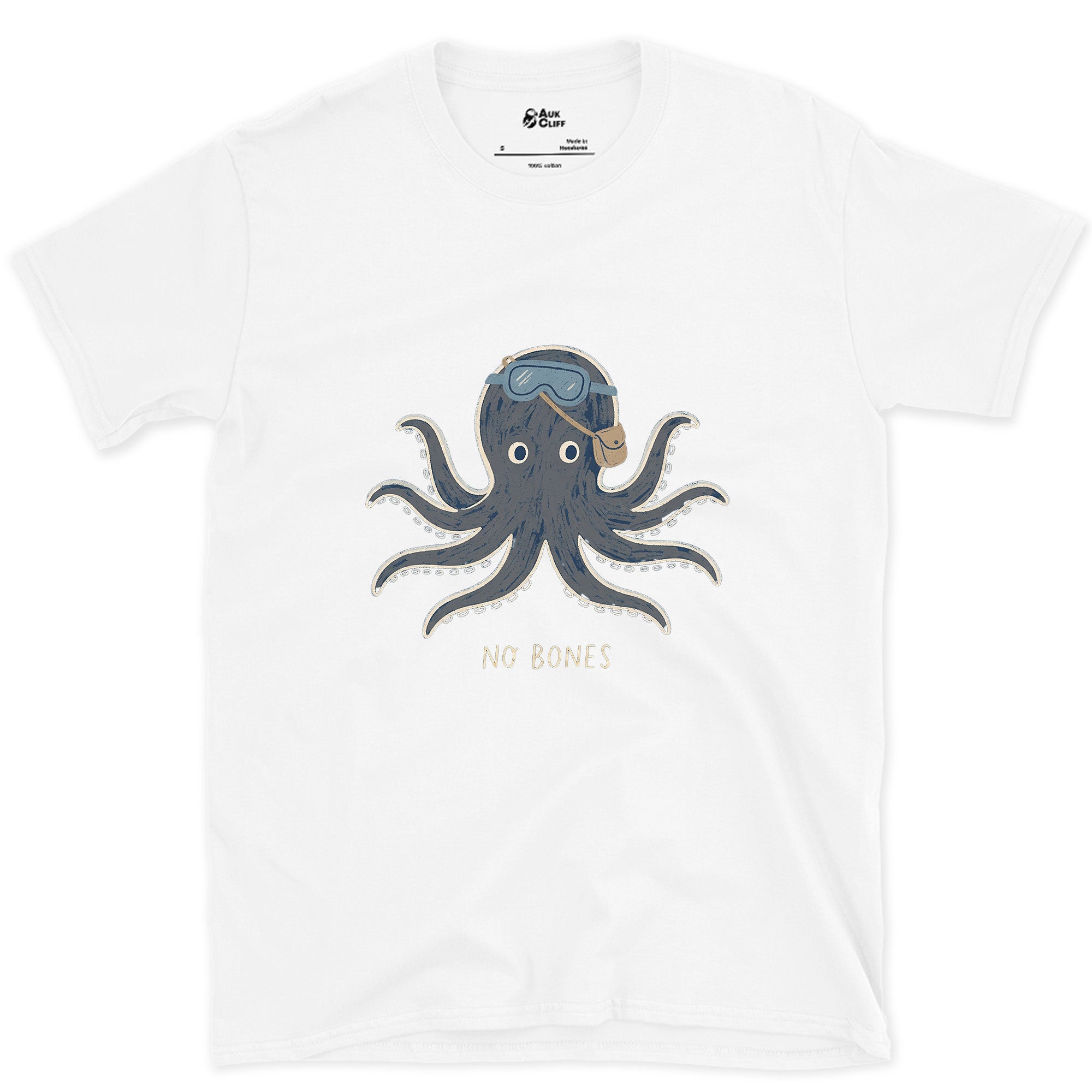 No Bones, Octopus in Dive Goggles design on a White Gildan Softstyle t-shirt