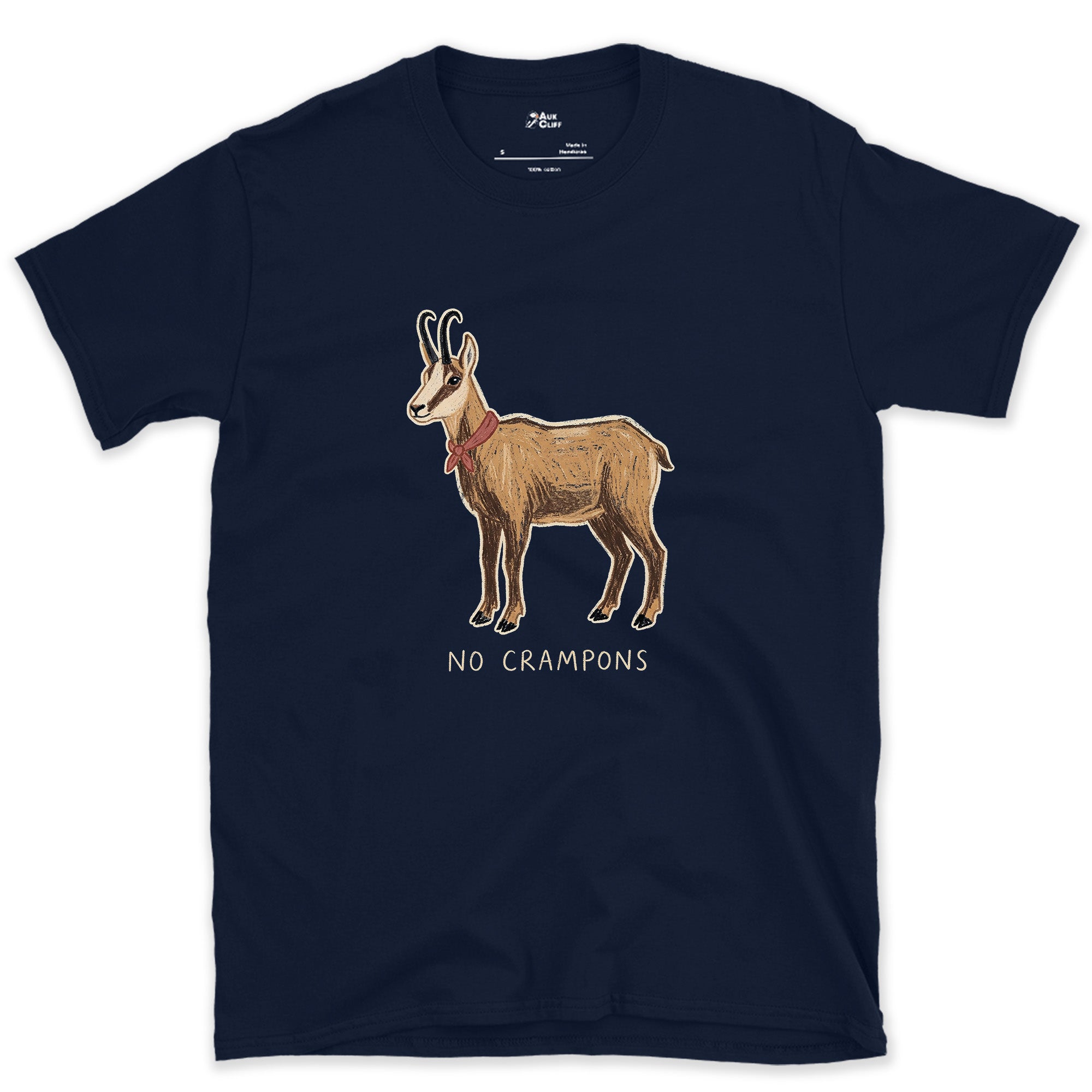 No Crampons, Chamois on the Cliff design on a Navy Gildan Softstyle t-shirt