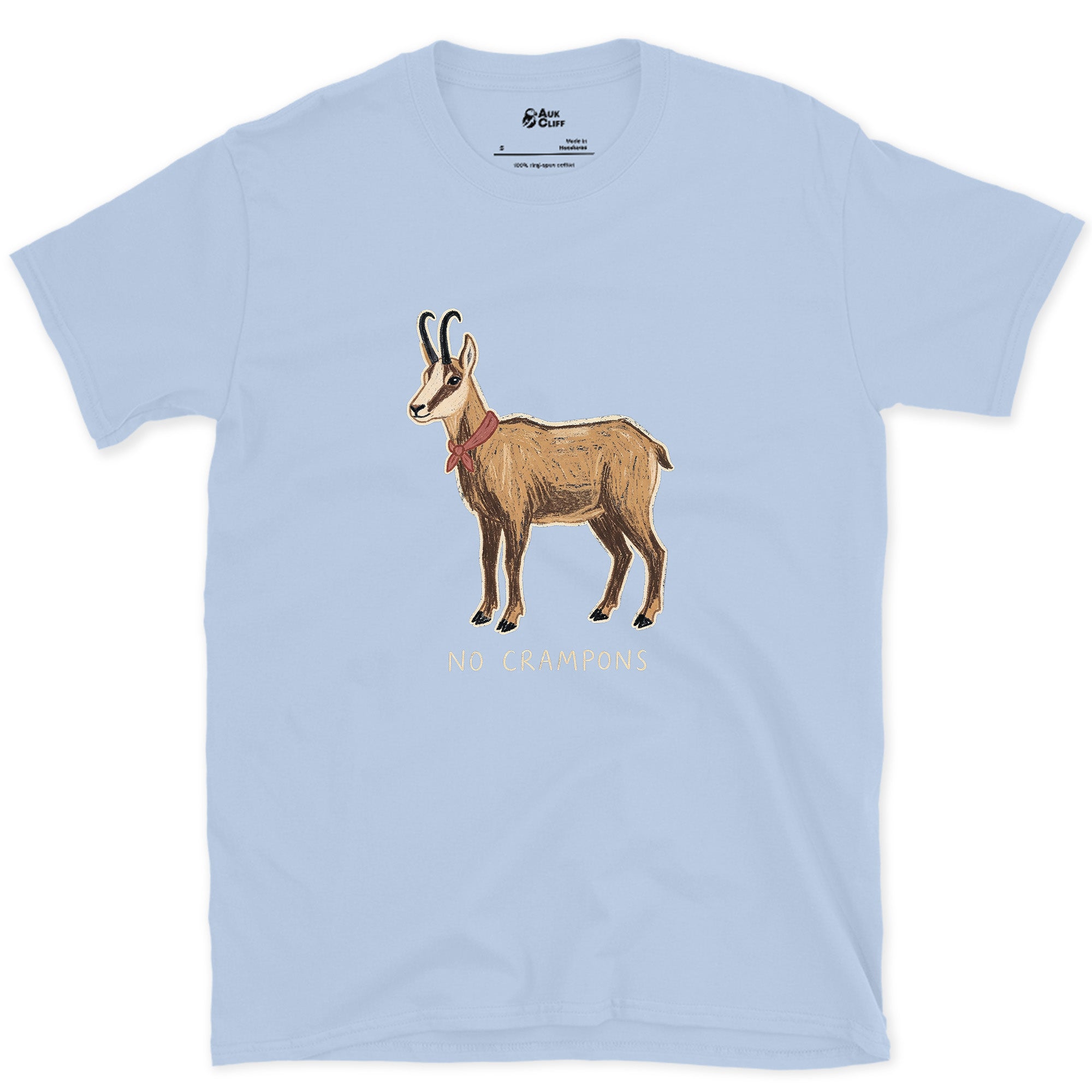 No Crampons, Chamois on the Cliff design on a Light Blue Gildan Softstyle t-shirt
