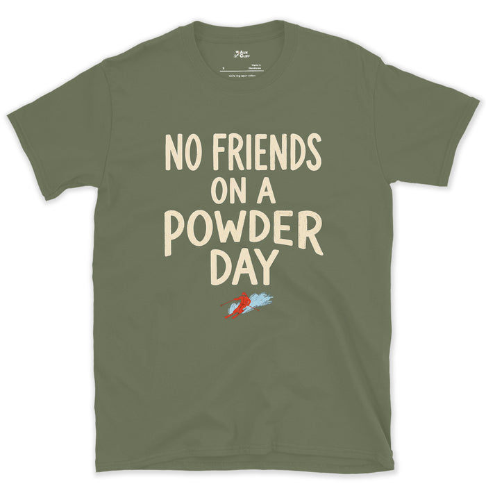 No Friends on a Powder Day, Solo Skier design on a Military Green Gildan Softstyle t-shirt
