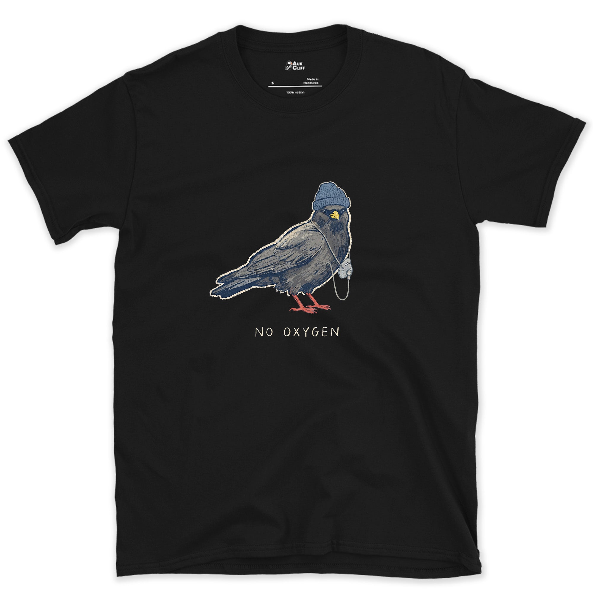 Trekking Chough, No Oxygen at Altitude design on a Black Gildan Softstyle t-shirt