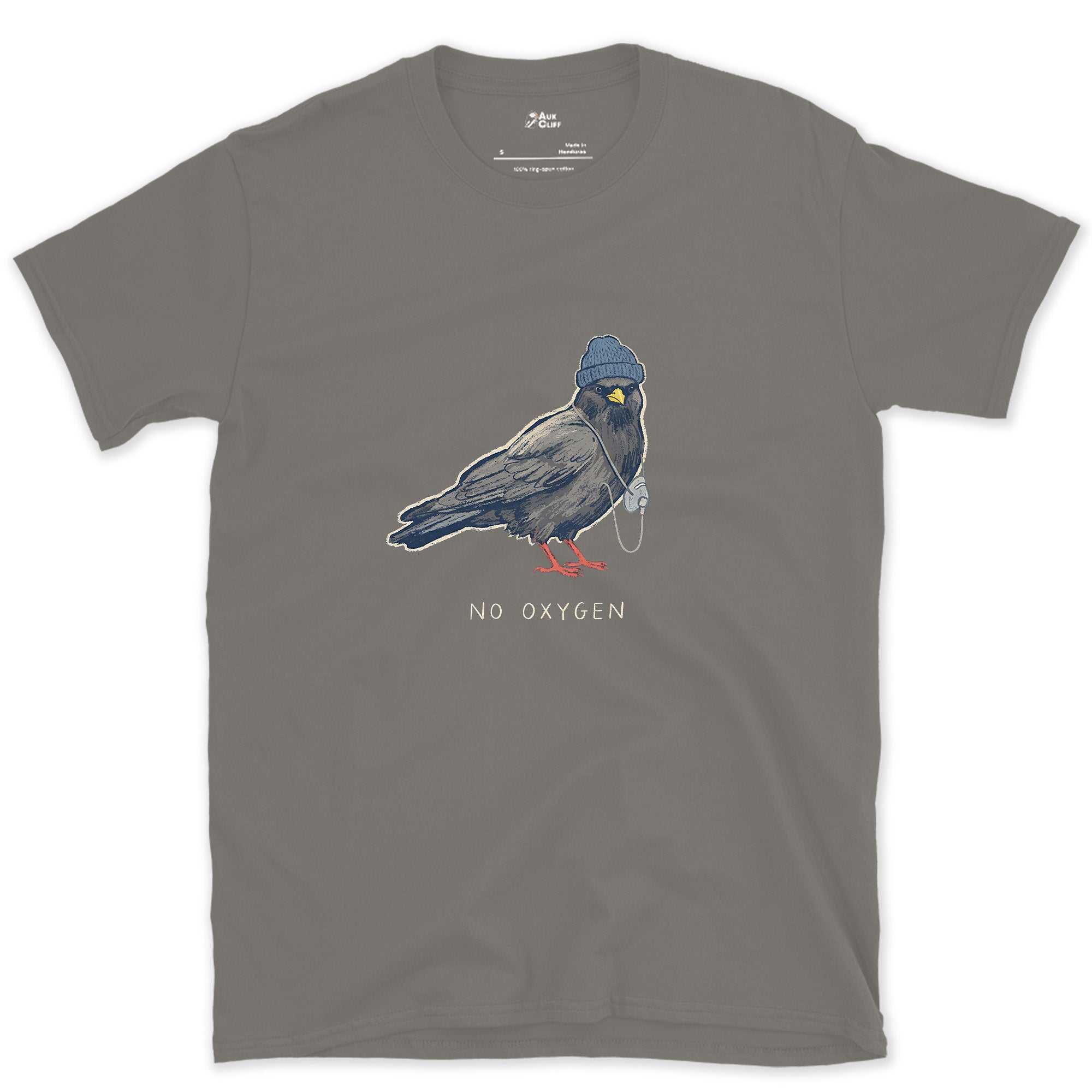 Trekking Chough, No Oxygen at Altitude design on a Charcoal Gildan Softstyle t-shirt
