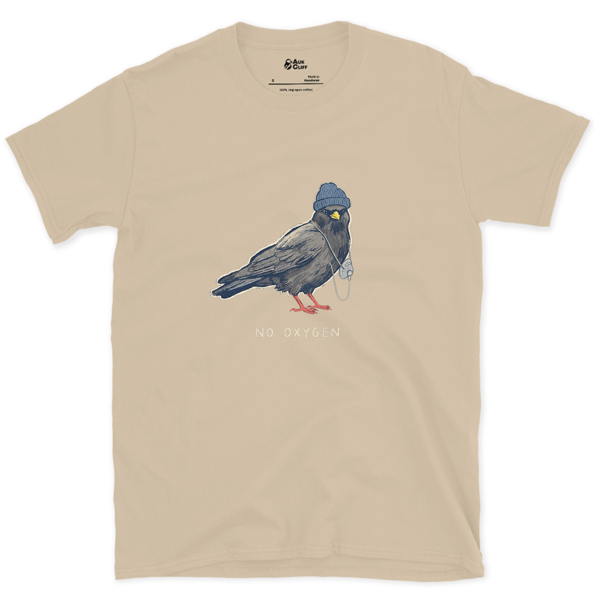 Trekking Chough, No Oxygen at Altitude design on a Sand Gildan Softstyle t-shirt