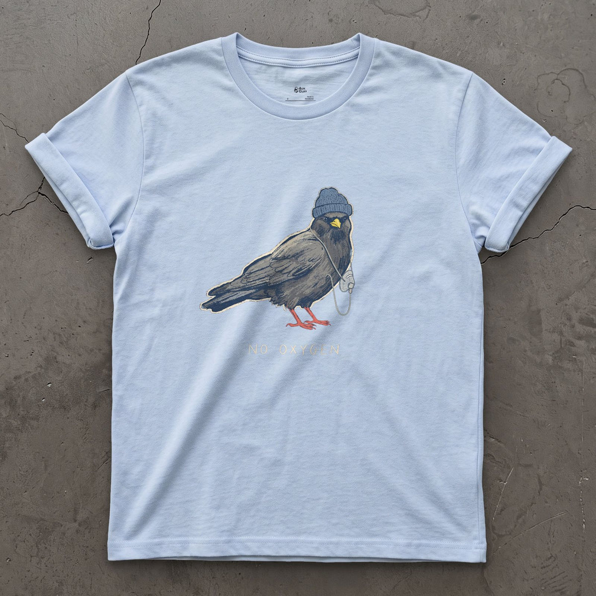 Trekking Chough, No Oxygen at Altitude design on a Light Blue Gildan Softstyle t-shirt