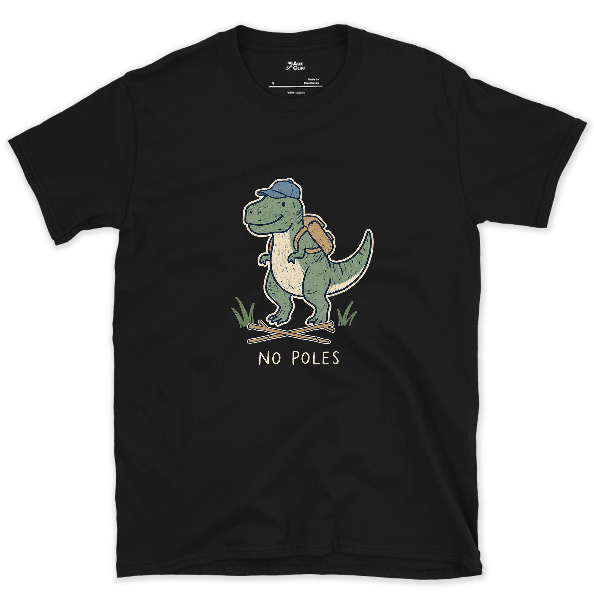 T-Rex Can't Hold Trekking Poles design on a Black Gildan Softstyle t-shirt