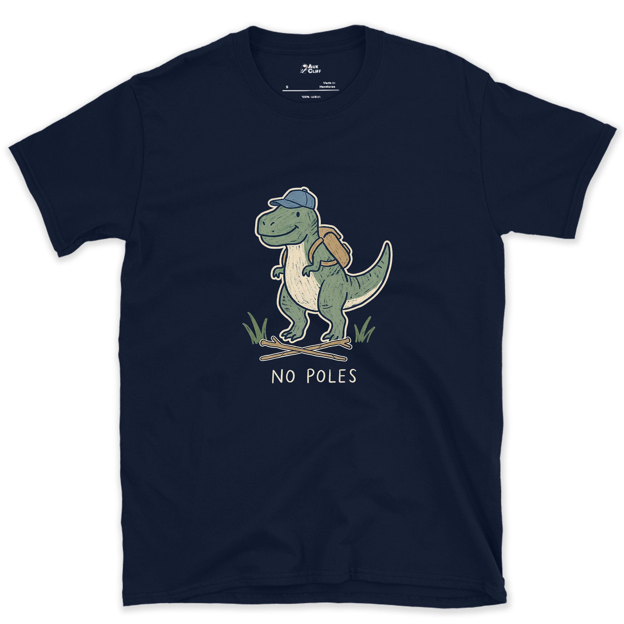 T-Rex Can't Hold Trekking Poles design on a Navy Gildan Softstyle t-shirt