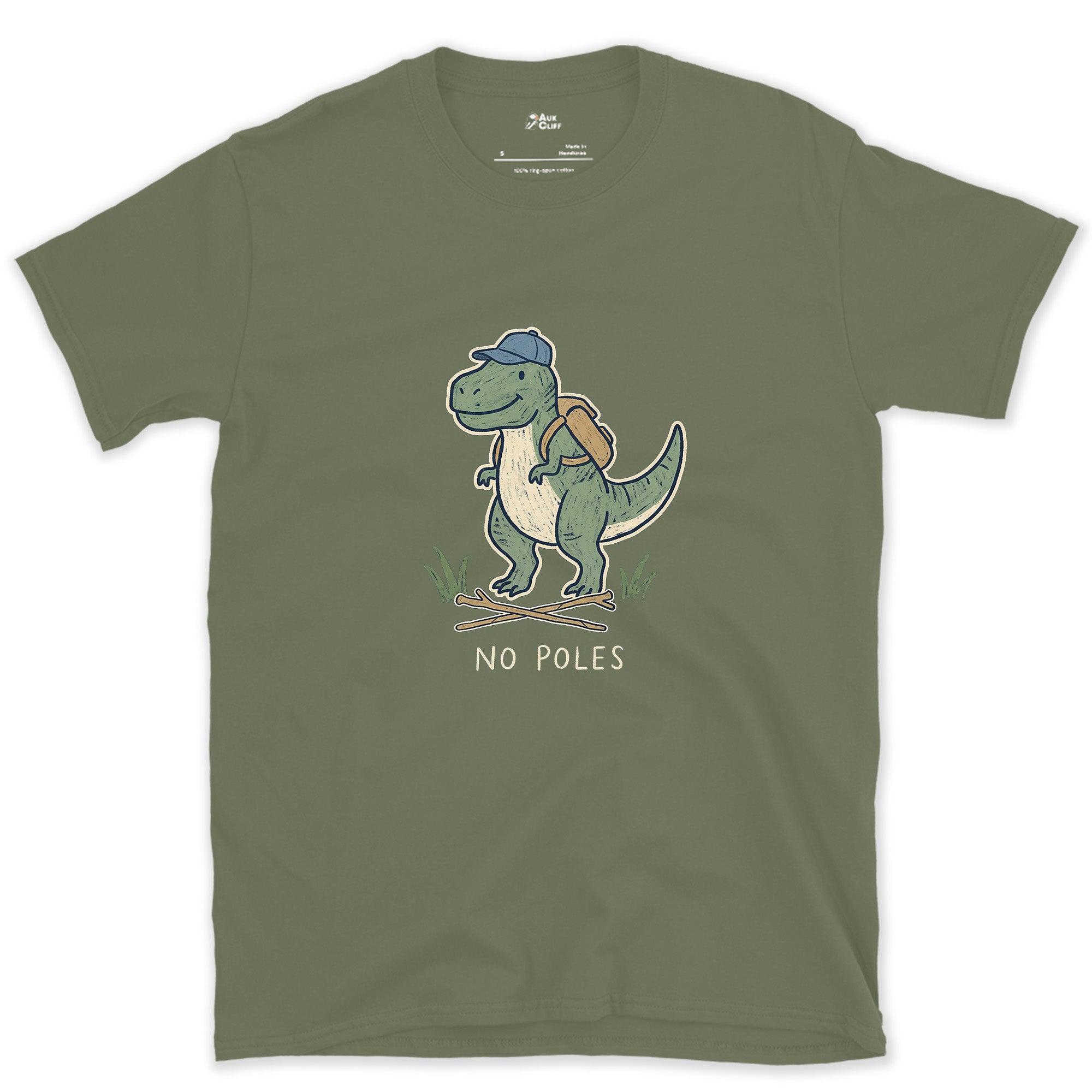 T-Rex Can't Hold Trekking Poles design on a Military Green Gildan Softstyle t-shirt