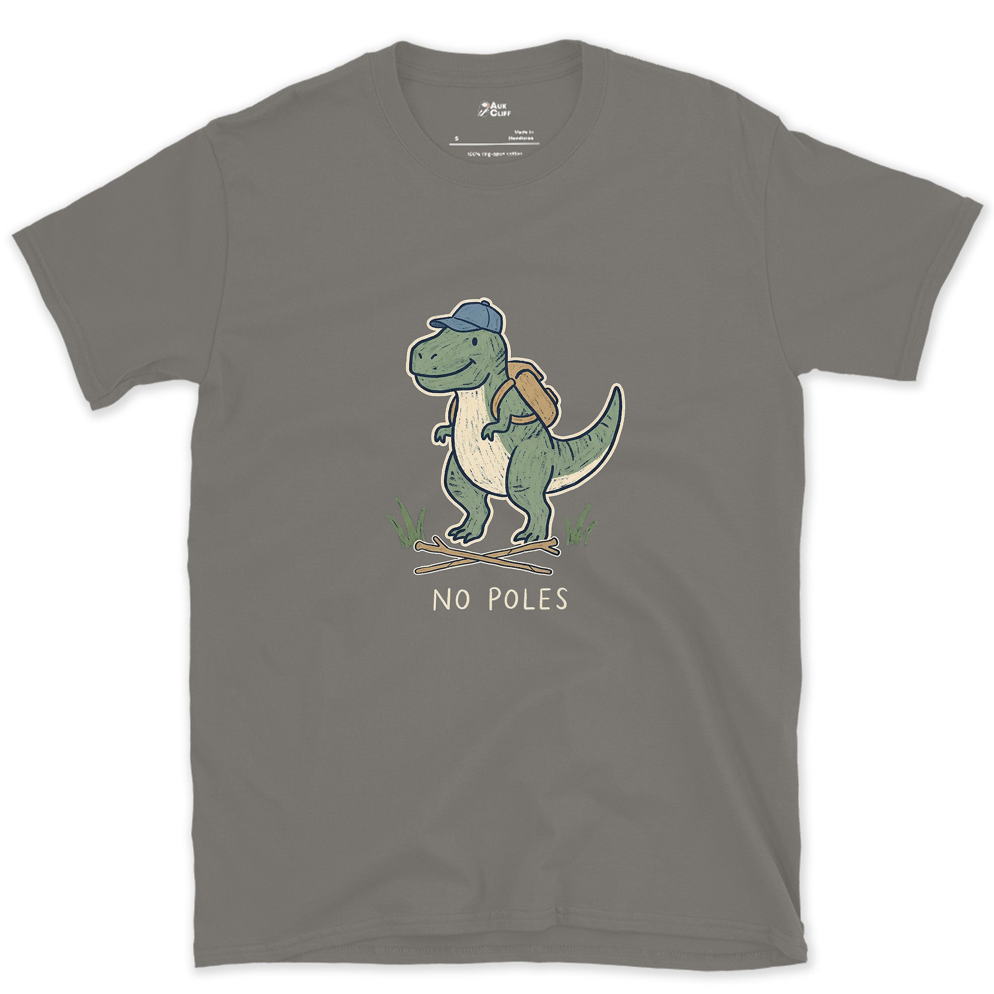 T-Rex Can't Hold Trekking Poles design on a Charcoal Gildan Softstyle t-shirt