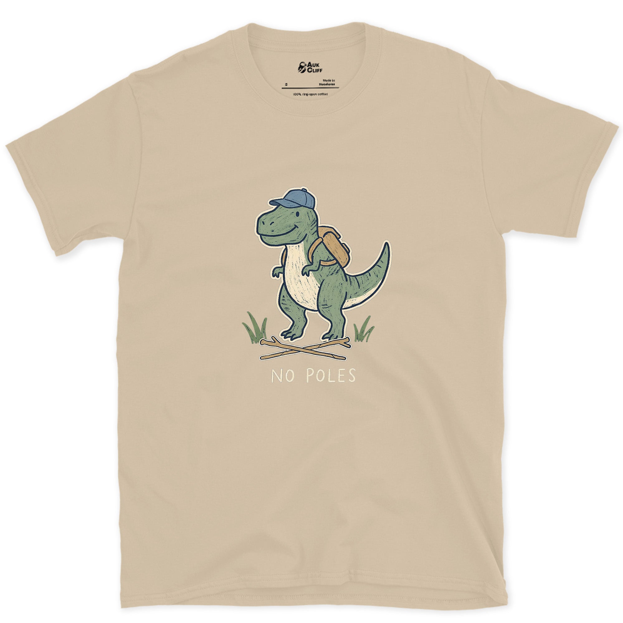 T-Rex Can't Hold Trekking Poles design on a Sand Gildan Softstyle t-shirt