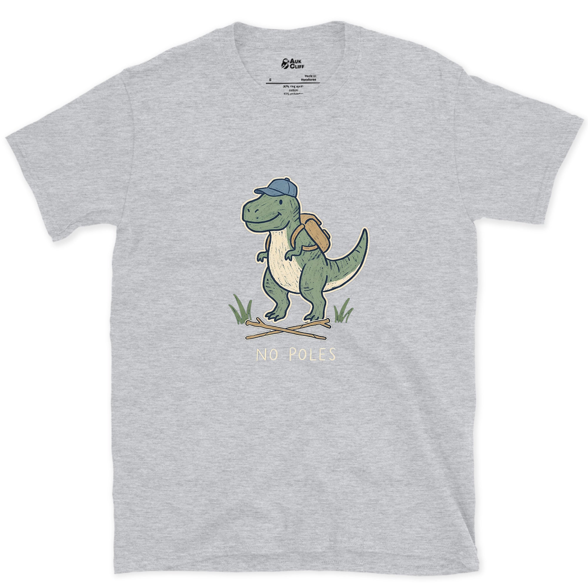 T-Rex Can't Hold Trekking Poles design on a Sport Grey Gildan Softstyle t-shirt