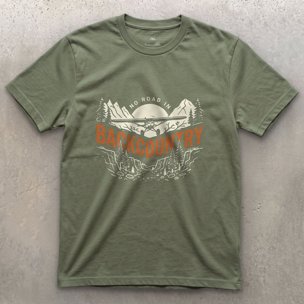 No Road In Backcountry design on a Military Green Gildan Softstyle t-shirt