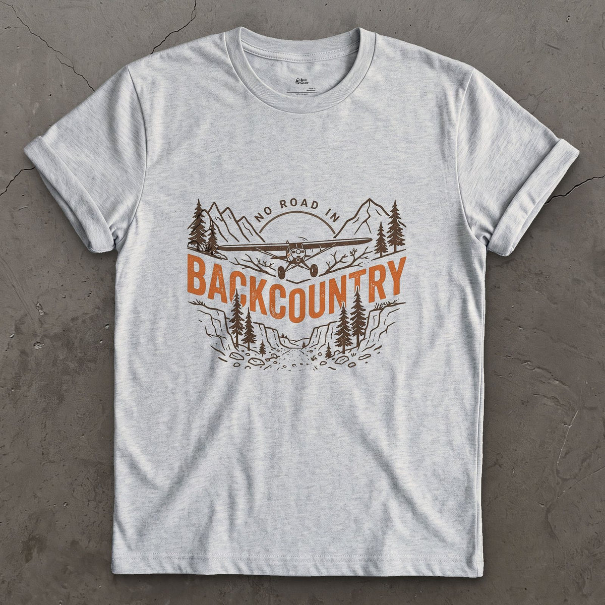 No Road In Backcountry design on a Sport Grey Gildan Softstyle t-shirt