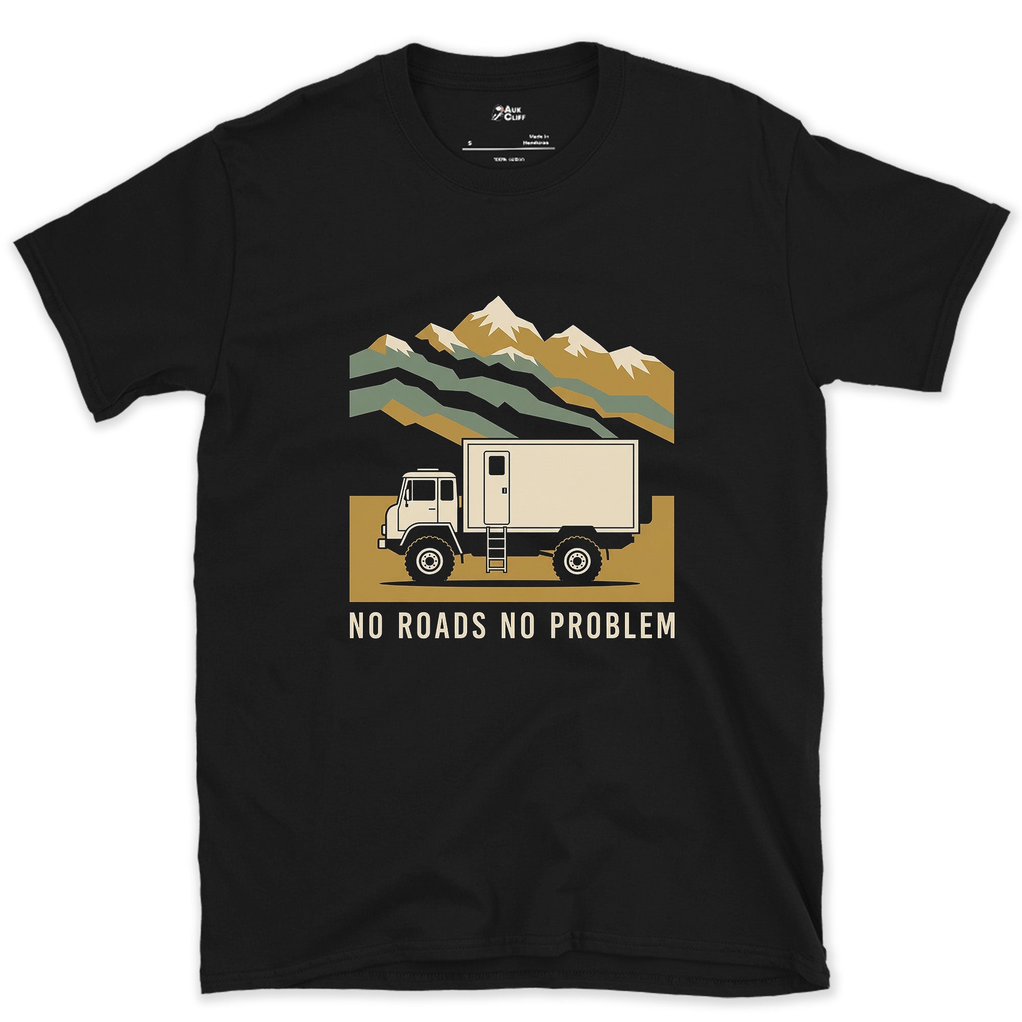 No Roads, No Problem, Expedition Camper design on a Black Gildan Softstyle t-shirt