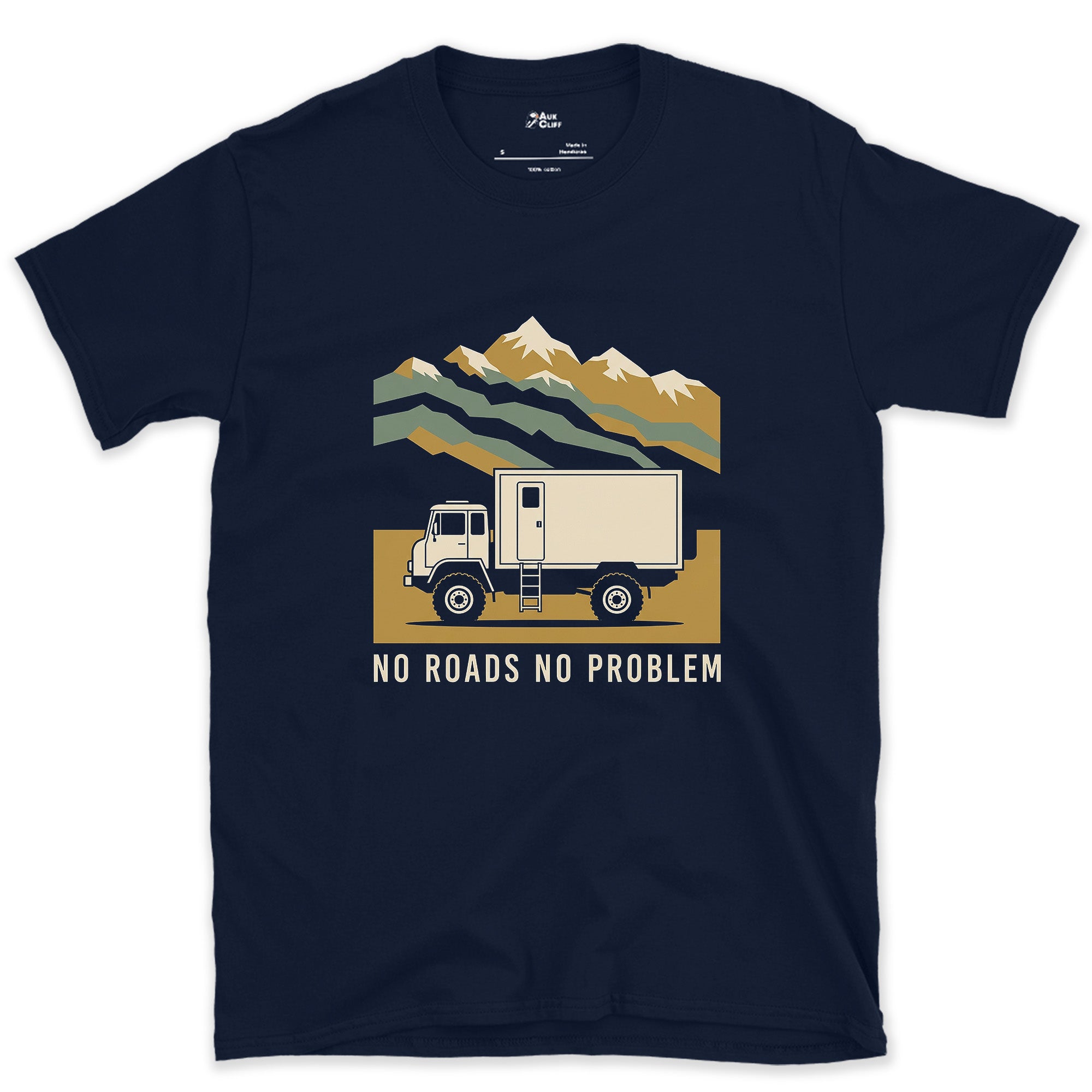 No Roads, No Problem, Expedition Camper design on a Navy Gildan Softstyle t-shirt
