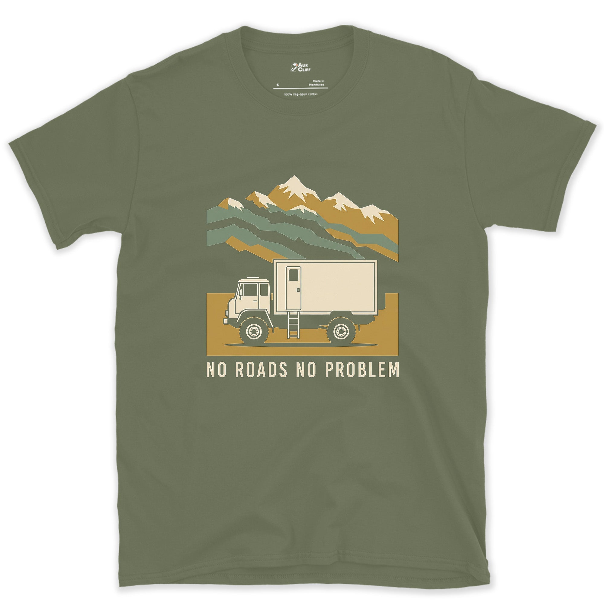 No Roads, No Problem, Expedition Camper design on a Military Green Gildan Softstyle t-shirt