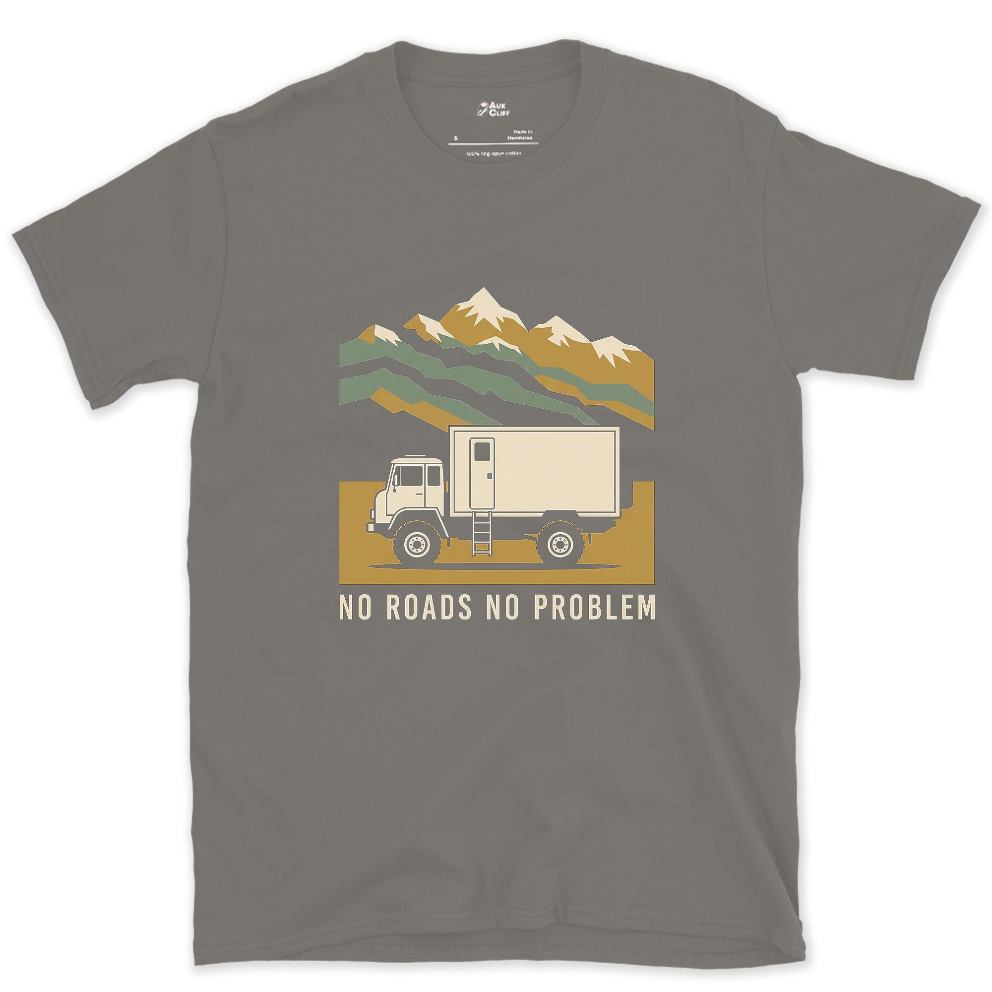 No Roads, No Problem, Expedition Camper design on a Charcoal Gildan Softstyle t-shirt