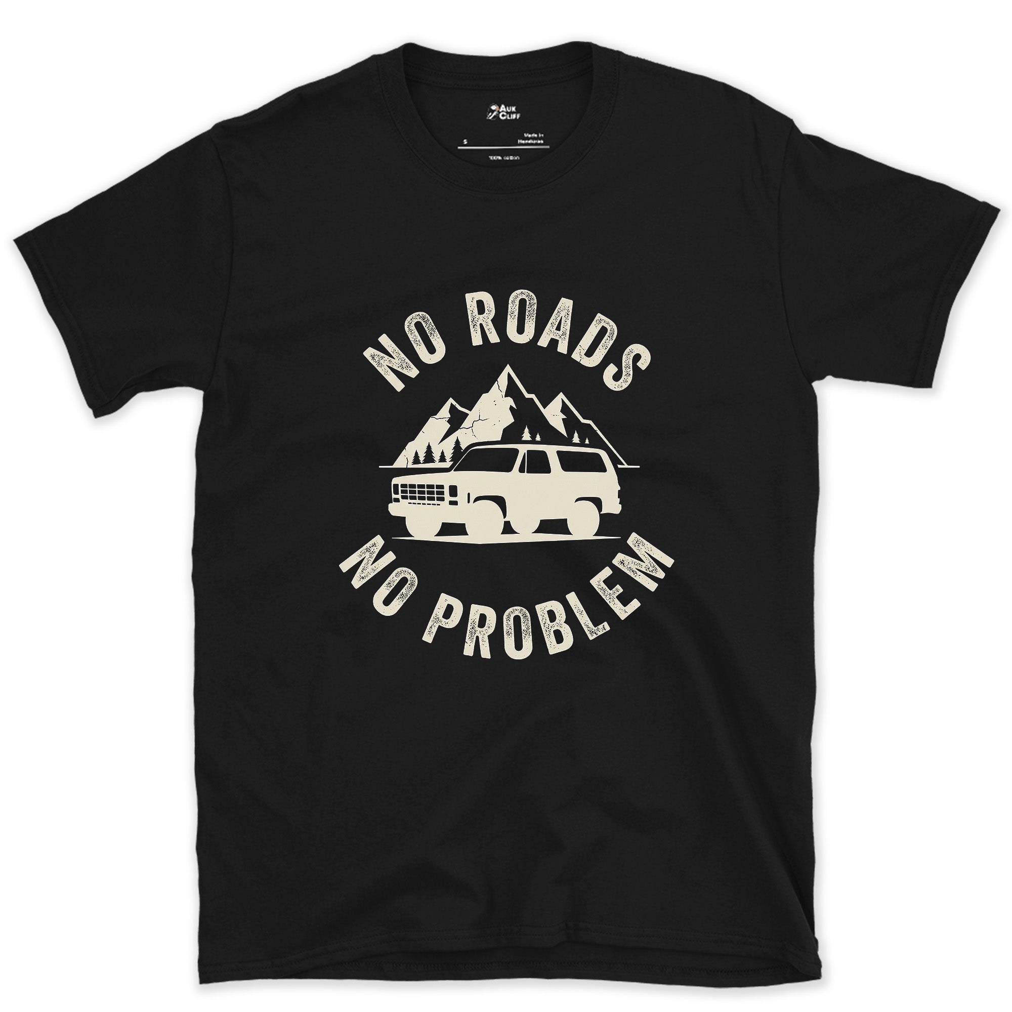 No Roads, No Problem, Peaks Behind the Wagon design on a Black Gildan Softstyle t-shirt