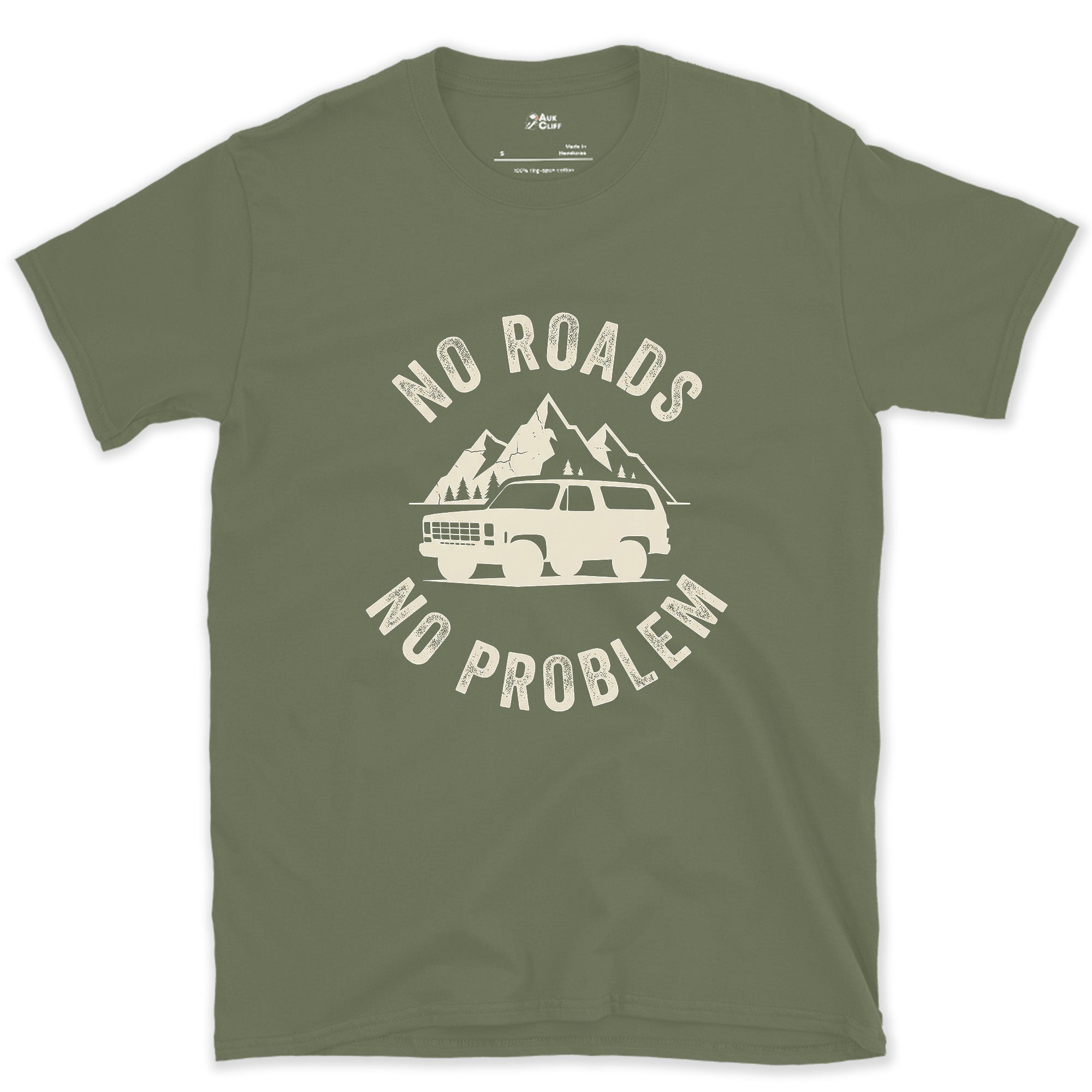 No Roads, No Problem, Peaks Behind the Wagon design on a Military Green Gildan Softstyle t-shirt