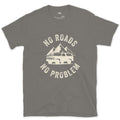 No Roads, No Problem, Peaks Behind the Wagon design on a Charcoal Gildan Softstyle t-shirt