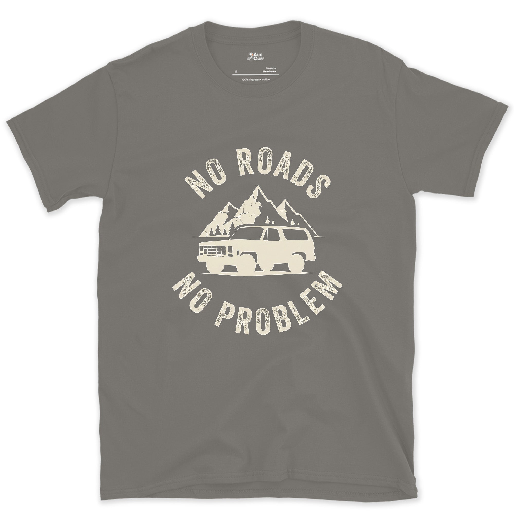 No Roads, No Problem, Peaks Behind the Wagon design on a Charcoal Gildan Softstyle t-shirt