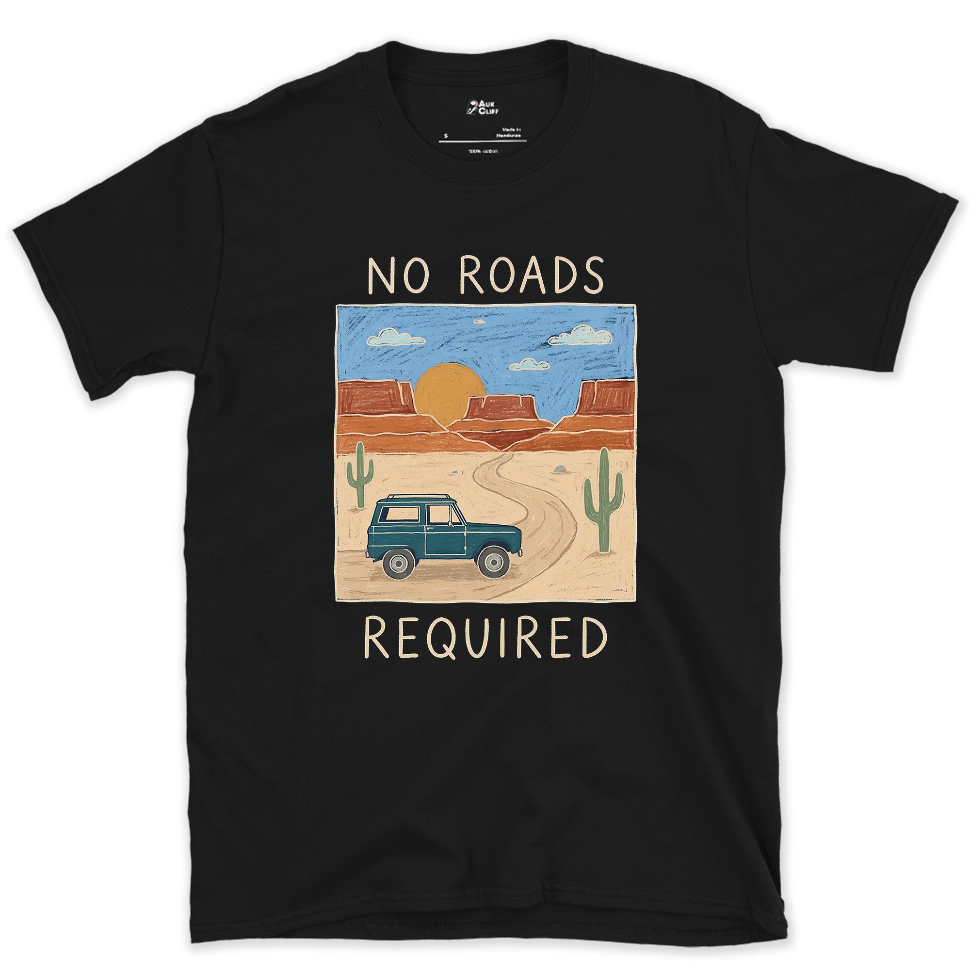 No Roads Required, Threading the Red Rock design on a Black Gildan Softstyle t-shirt