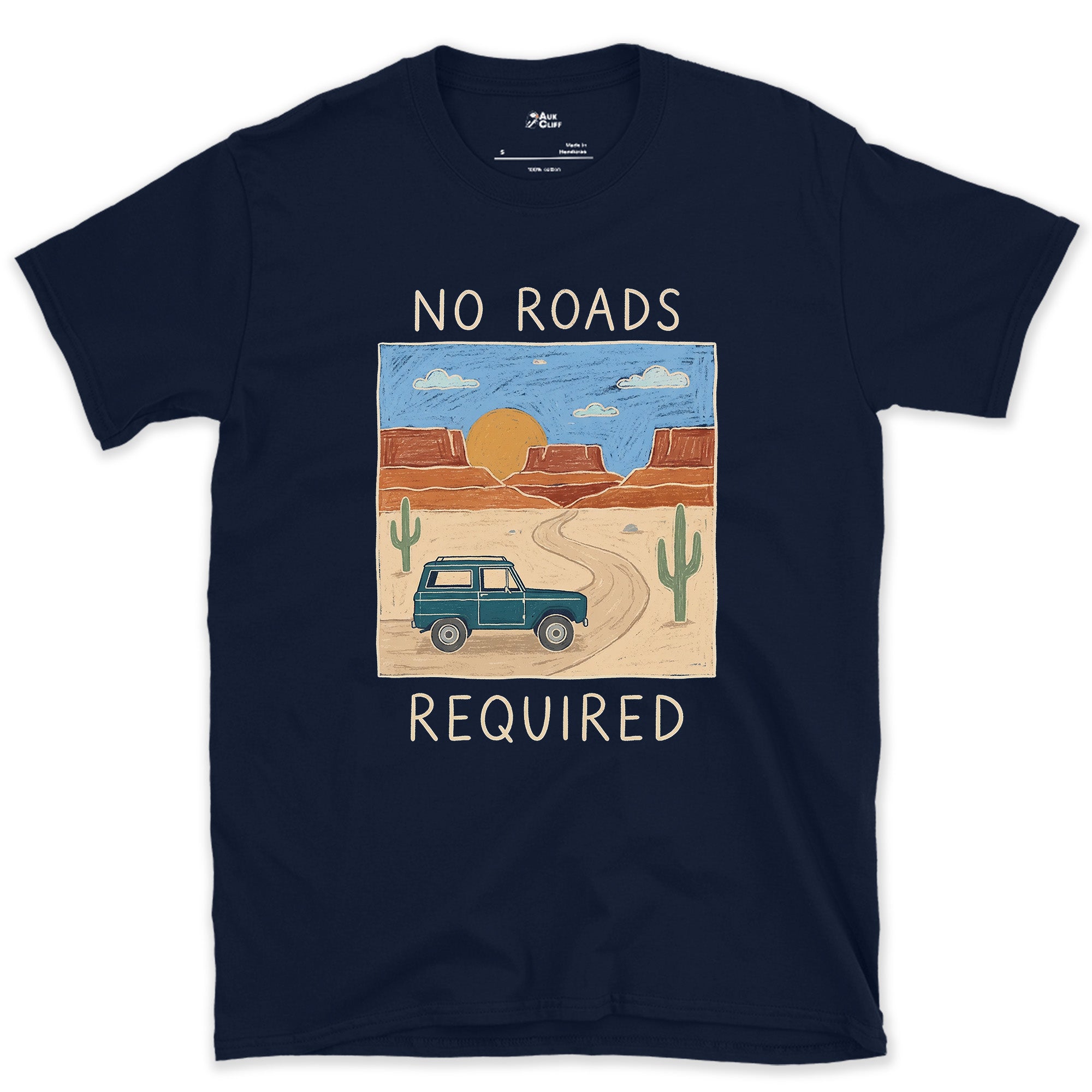 No Roads Required, Threading the Red Rock design on a Navy Gildan Softstyle t-shirt