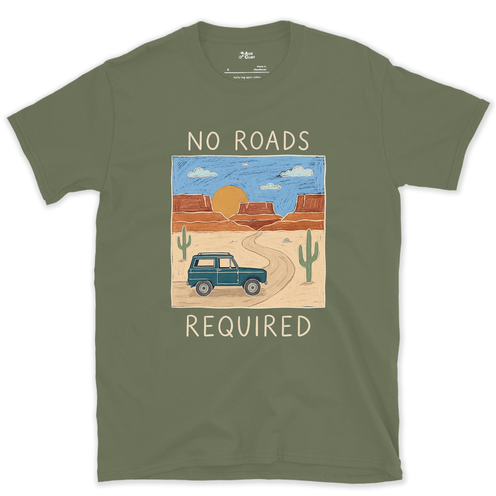 No Roads Required, Threading the Red Rock design on a Military Green Gildan Softstyle t-shirt