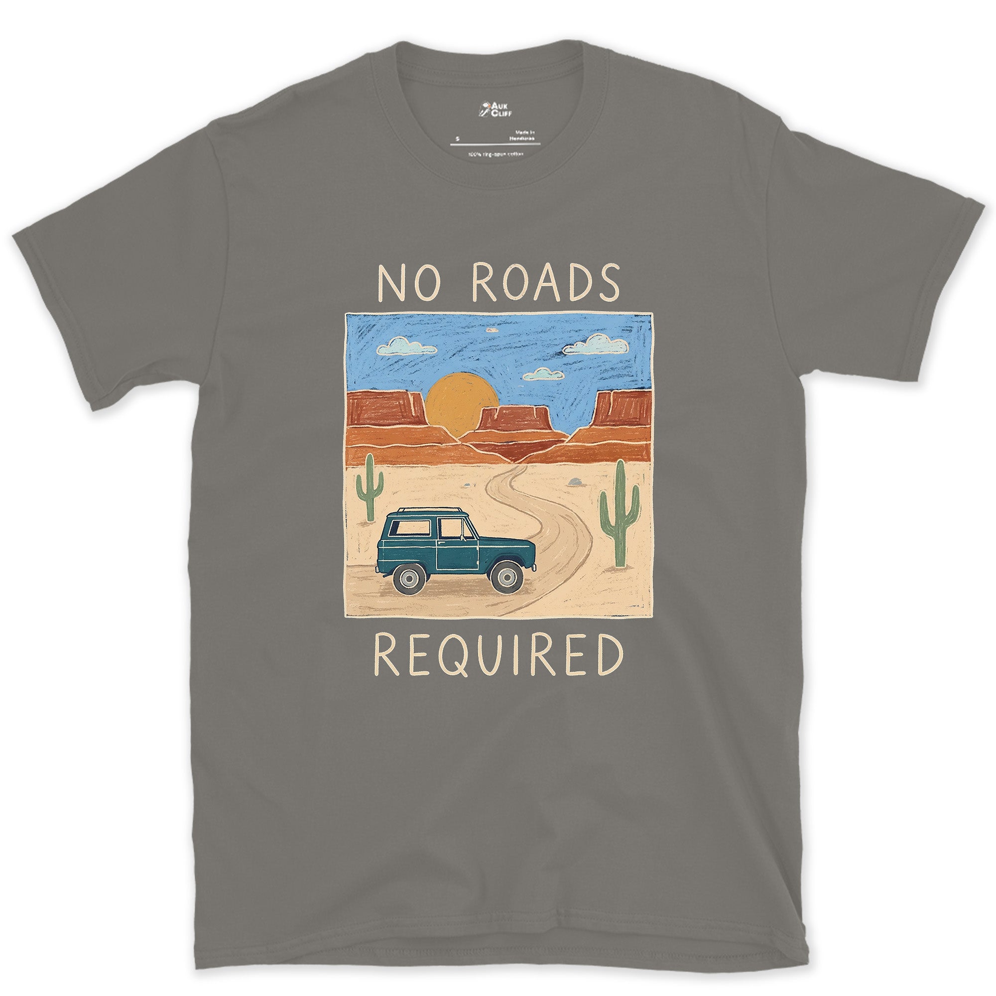 No Roads Required, Threading the Red Rock design on a Charcoal Gildan Softstyle t-shirt