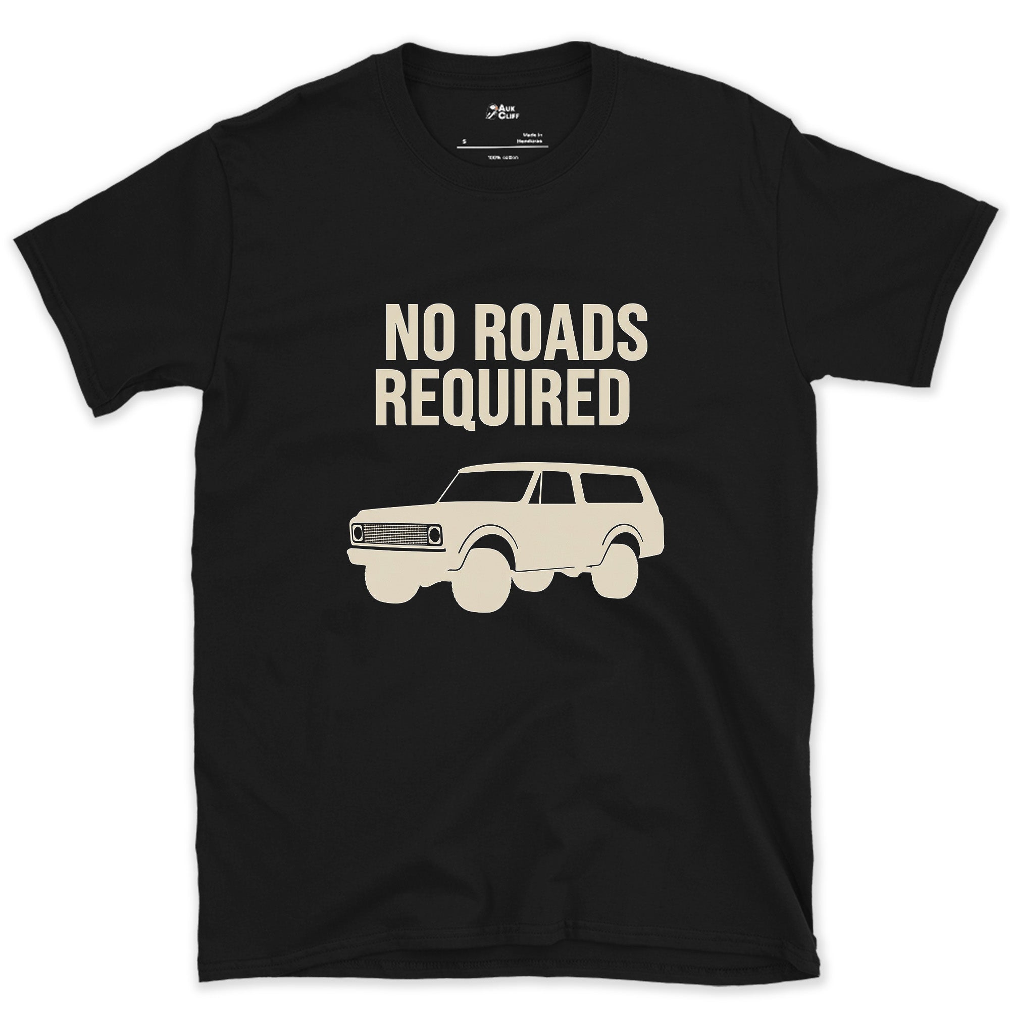 Solid Black and Square, No Roads Required design on a Black Gildan Softstyle t-shirt