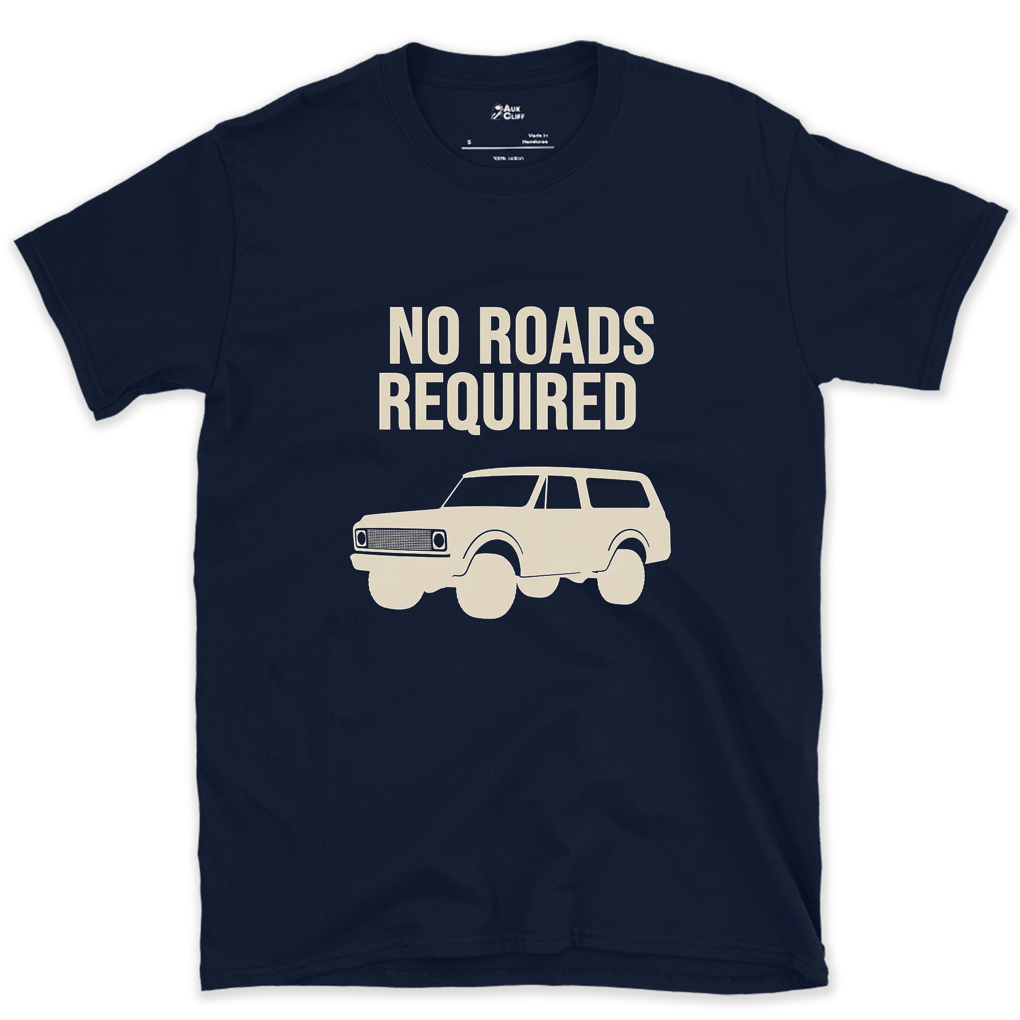 Solid Black and Square, No Roads Required design on a Navy Gildan Softstyle t-shirt