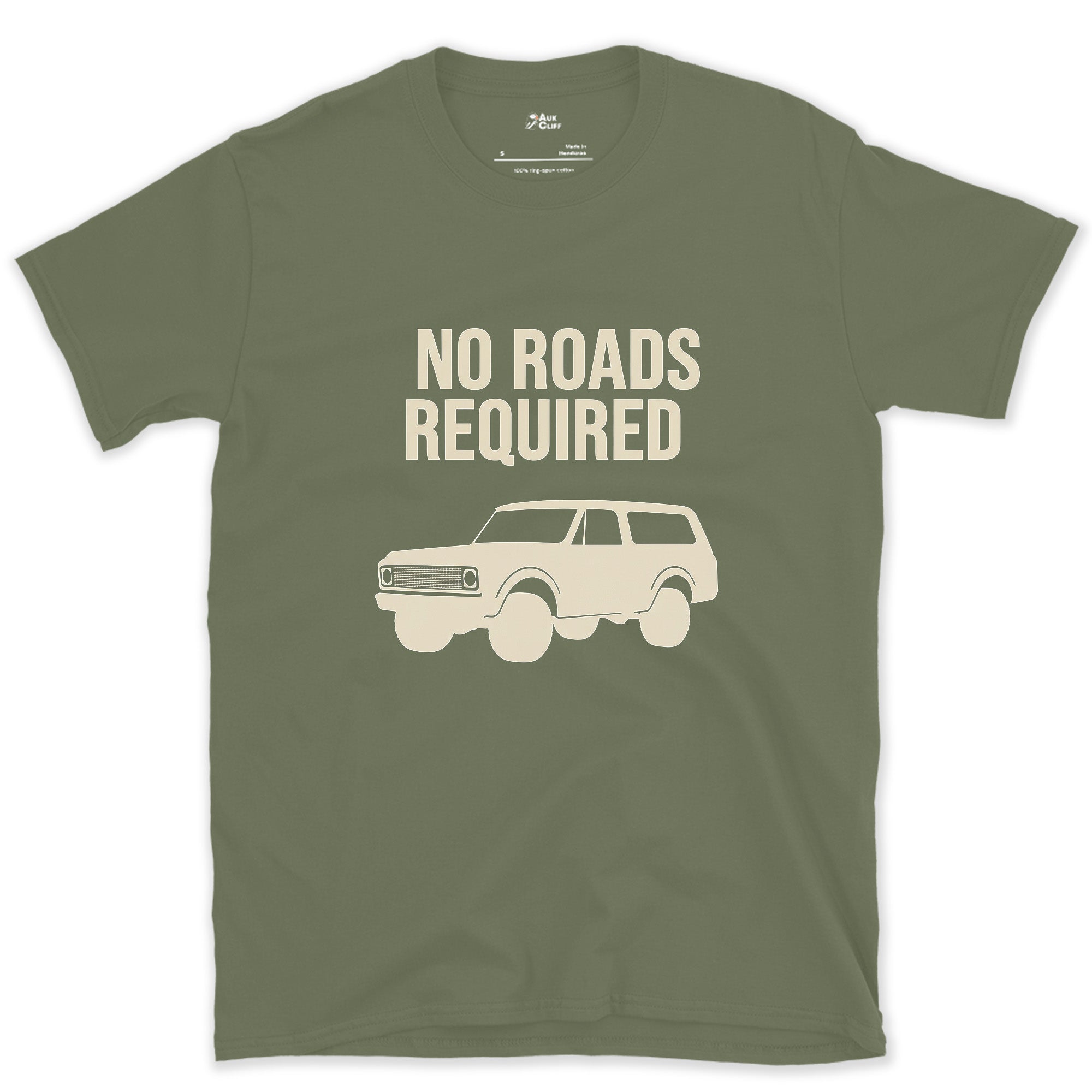 Solid Black and Square, No Roads Required design on a Military Green Gildan Softstyle t-shirt