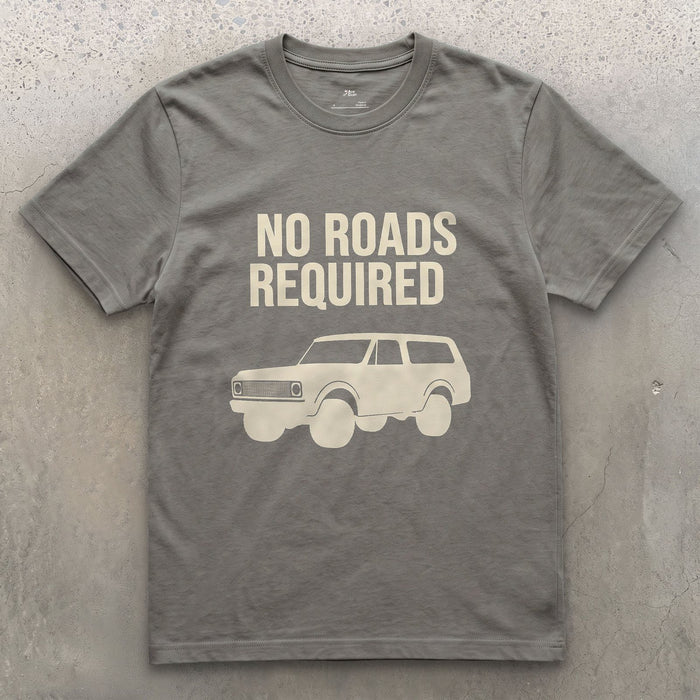 Solid Black and Square, No Roads Required design on a Charcoal Gildan Softstyle t-shirt