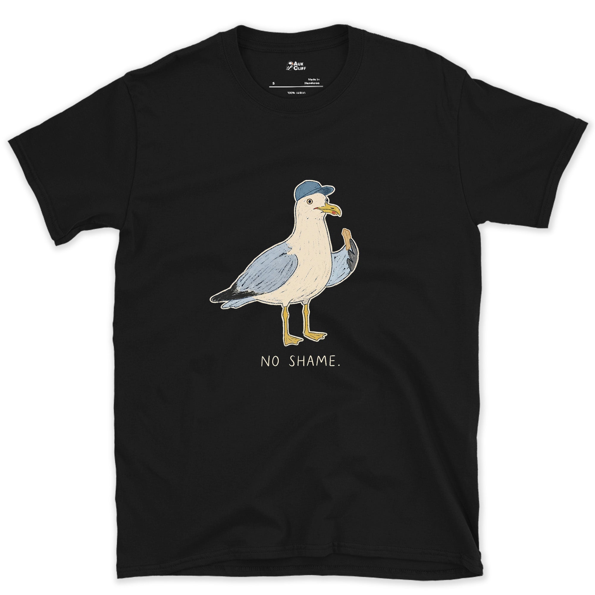 No Shame, Gull in a Cap design on a Black Gildan Softstyle t-shirt