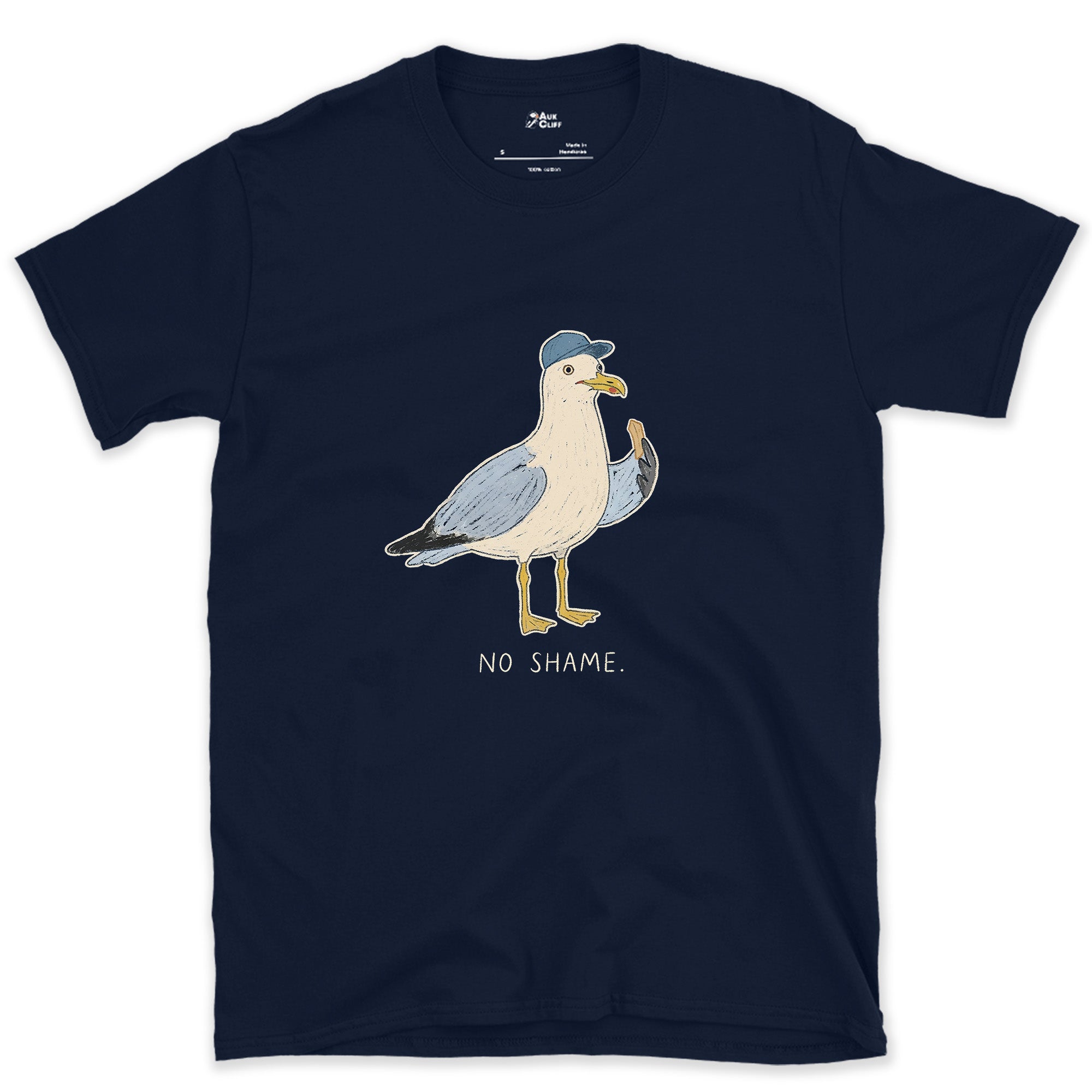 No Shame, Gull in a Cap design on a Navy Gildan Softstyle t-shirt