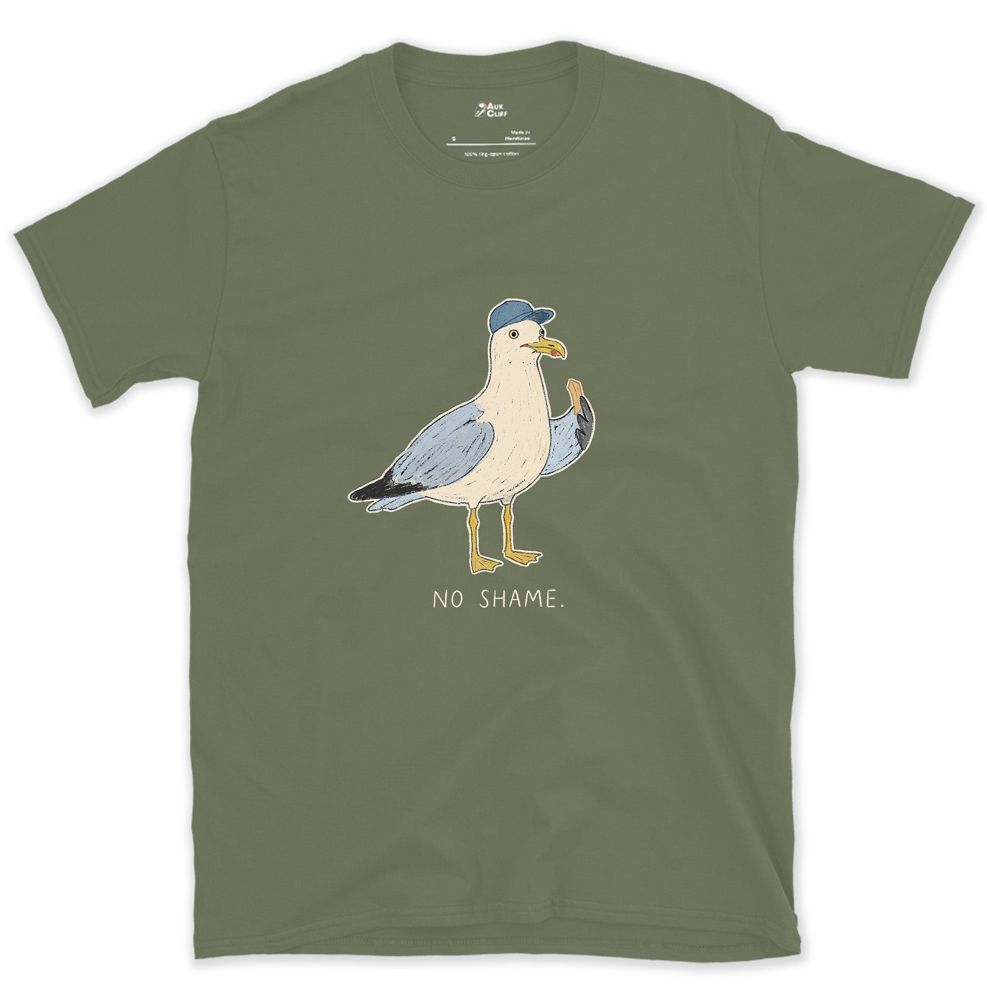 No Shame, Gull in a Cap design on a Military Green Gildan Softstyle t-shirt