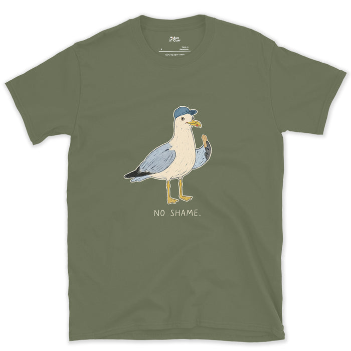 No Shame, Gull in a Cap design on a Military Green Gildan Softstyle t-shirt