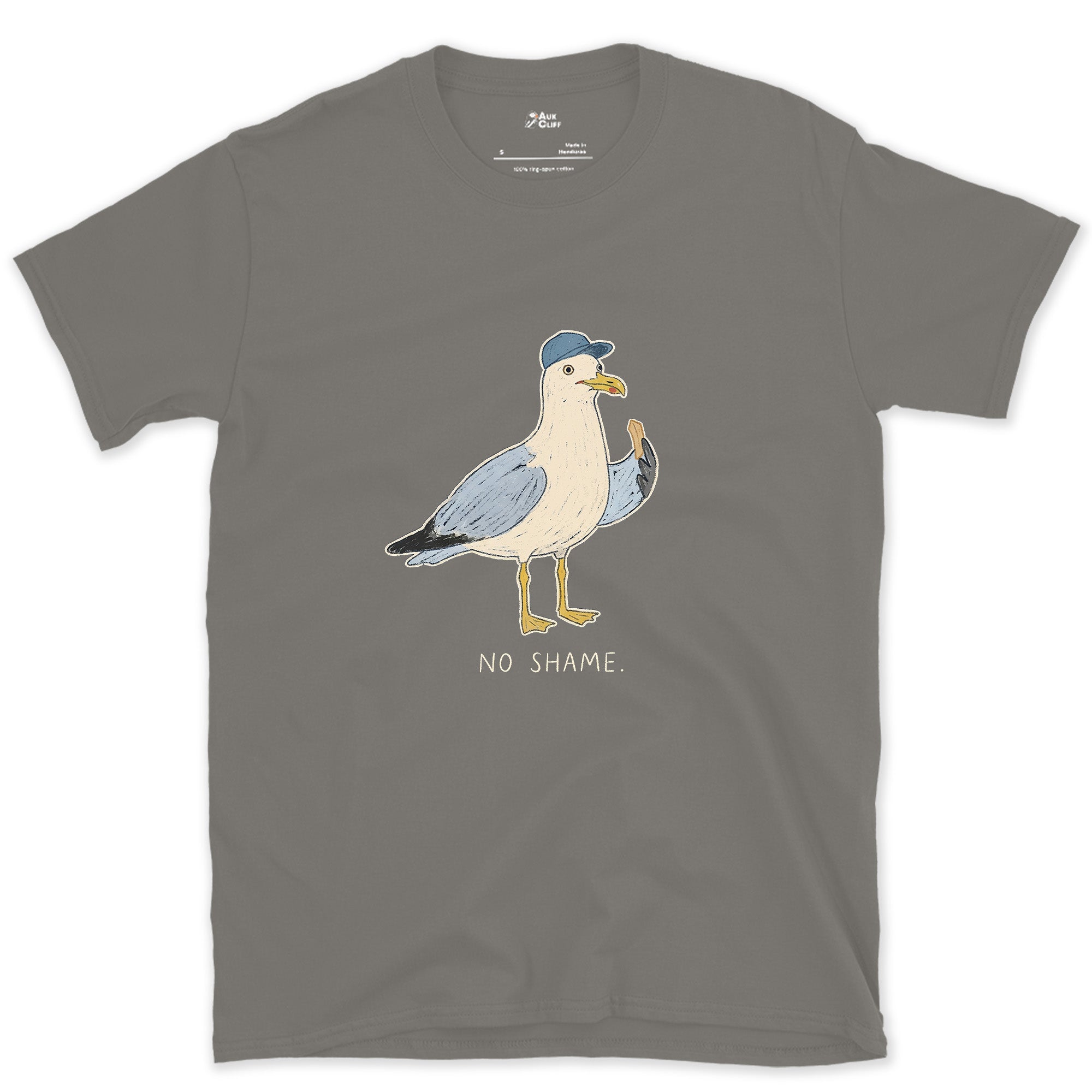 No Shame, Gull in a Cap design on a Charcoal Gildan Softstyle t-shirt