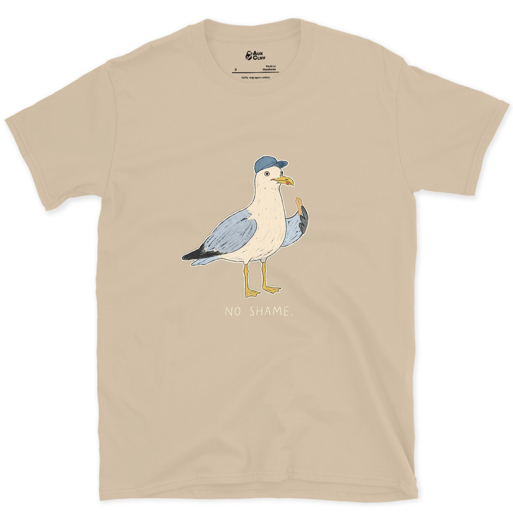No Shame, Gull in a Cap design on a Sand Gildan Softstyle t-shirt