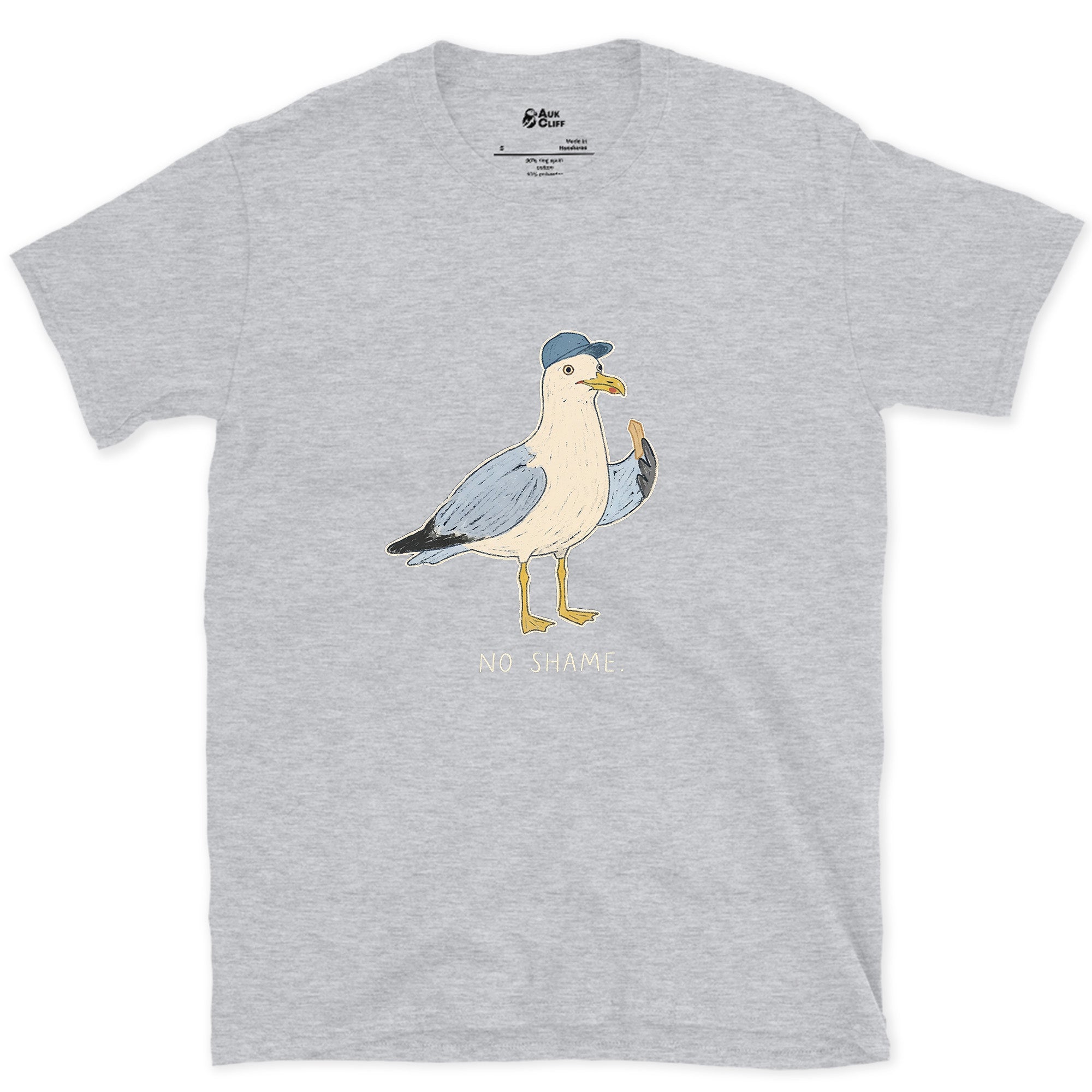 No Shame, Gull in a Cap design on a Sport Grey Gildan Softstyle t-shirt