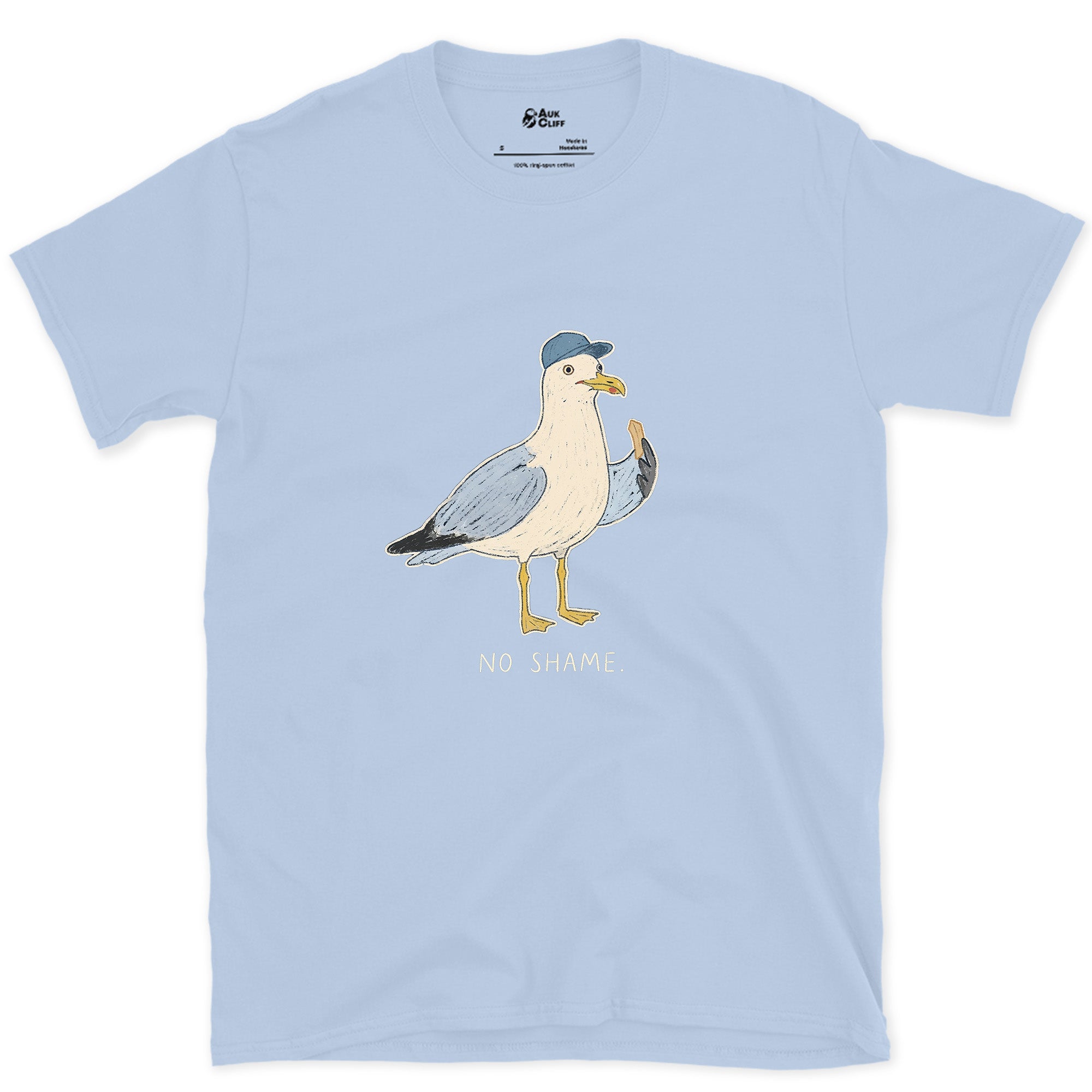 No Shame, Gull in a Cap design on a Light Blue Gildan Softstyle t-shirt