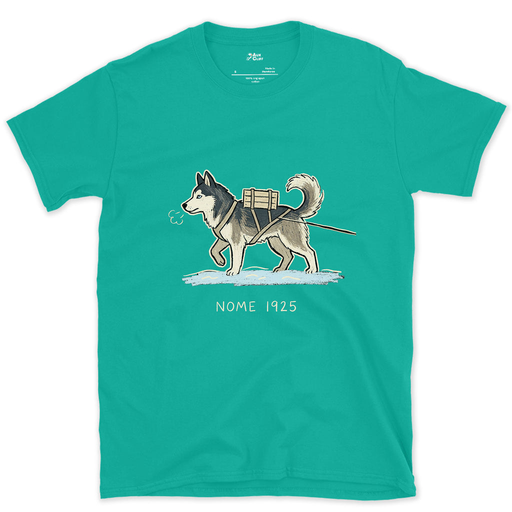 Nome 1925, Husky in Harness on the Trail design on a Jade Dome Gildan Softstyle t-shirt